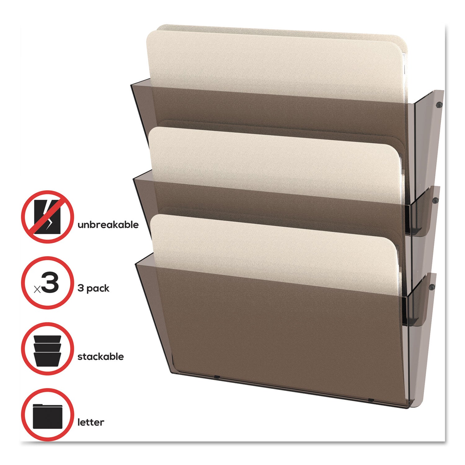 Unbreakable DocuPocket Wall File, 3 Sections, Letter Size, 14.5" x 3" x 6.5", Clear, 3/Pack - 