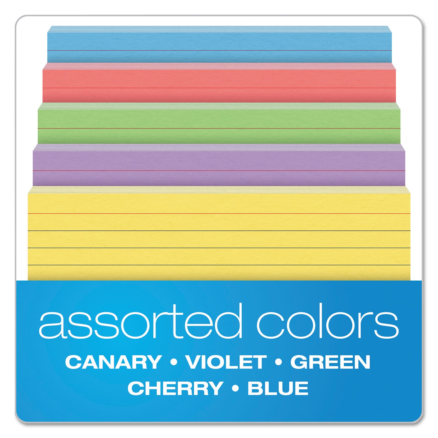 Ruled Index Cards, 4 x 6, Blue/Violet/Canary/Green/Cherry, 100/Pack