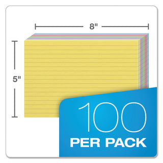 Ruled Index Cards, 5 x 8, Blue/Violet/Canary/Green/Cherry, 100/Pack