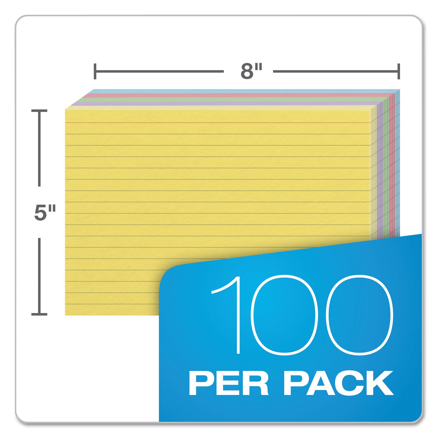 Ruled Index Cards, 5 x 8, Blue/Violet/Canary/Green/Cherry, 100/Pack