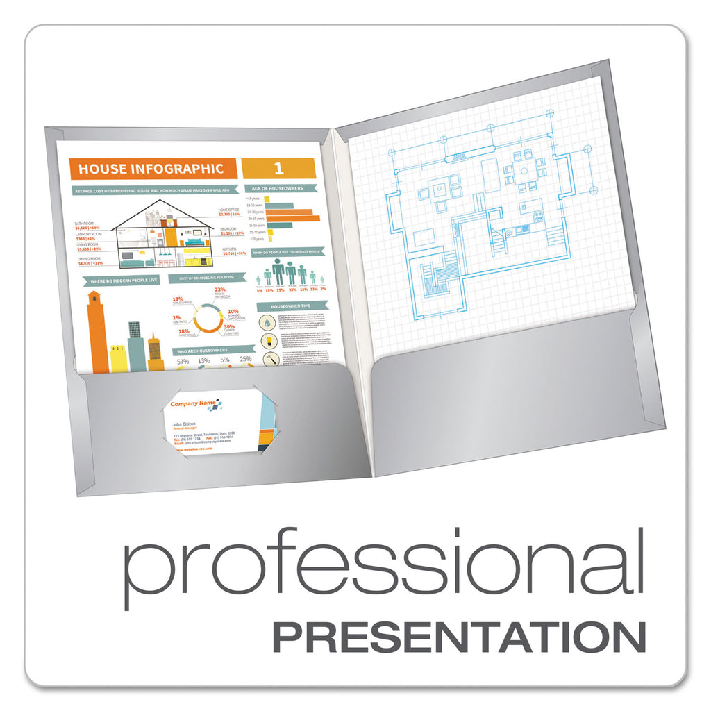 High Gloss Laminated Paperboard Folder, 100-Sheet Capacity, 11 x 8.5, Gray, 25/Box