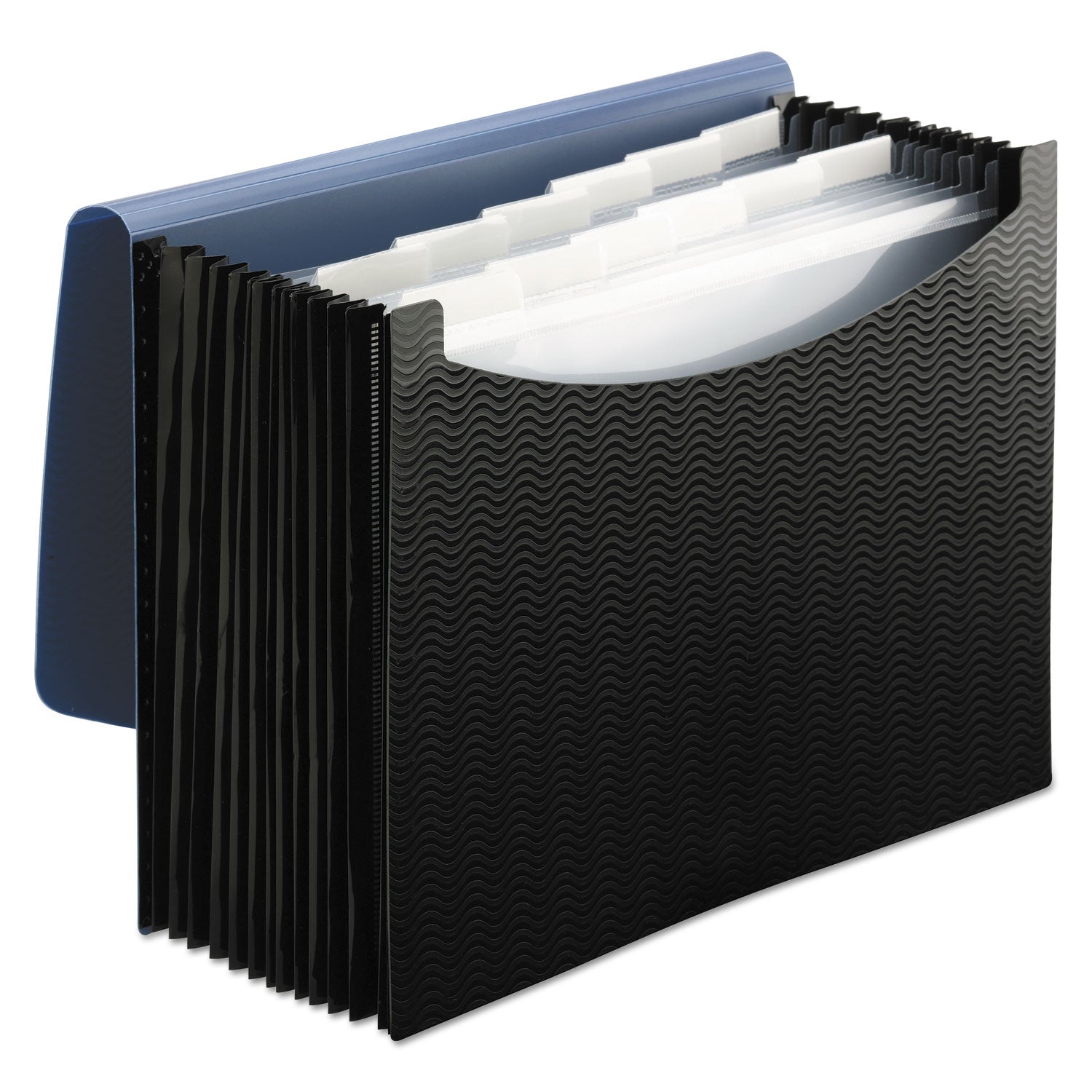 12-Pocket Poly Expanding File, 0.88" Expansion, 12 Sections, Cord/Hook Closure, 1/6-Cut Tabs, Letter Size, Black/Blue - 