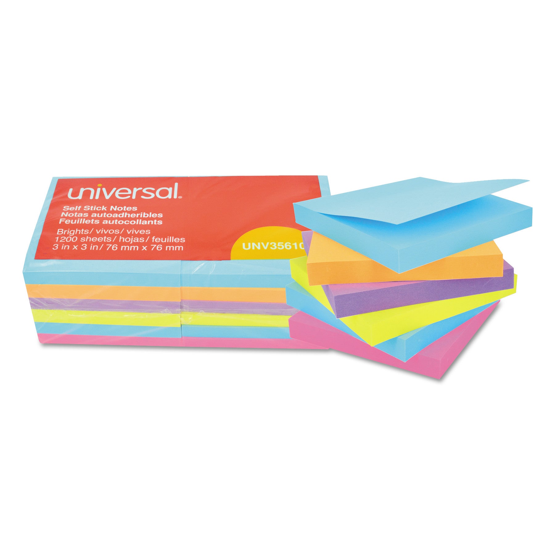 Self-Stick Note Pads, 3" x 3", Assorted Bright Colors, 100 Sheets/Pad, 12 Pads/Pack - 