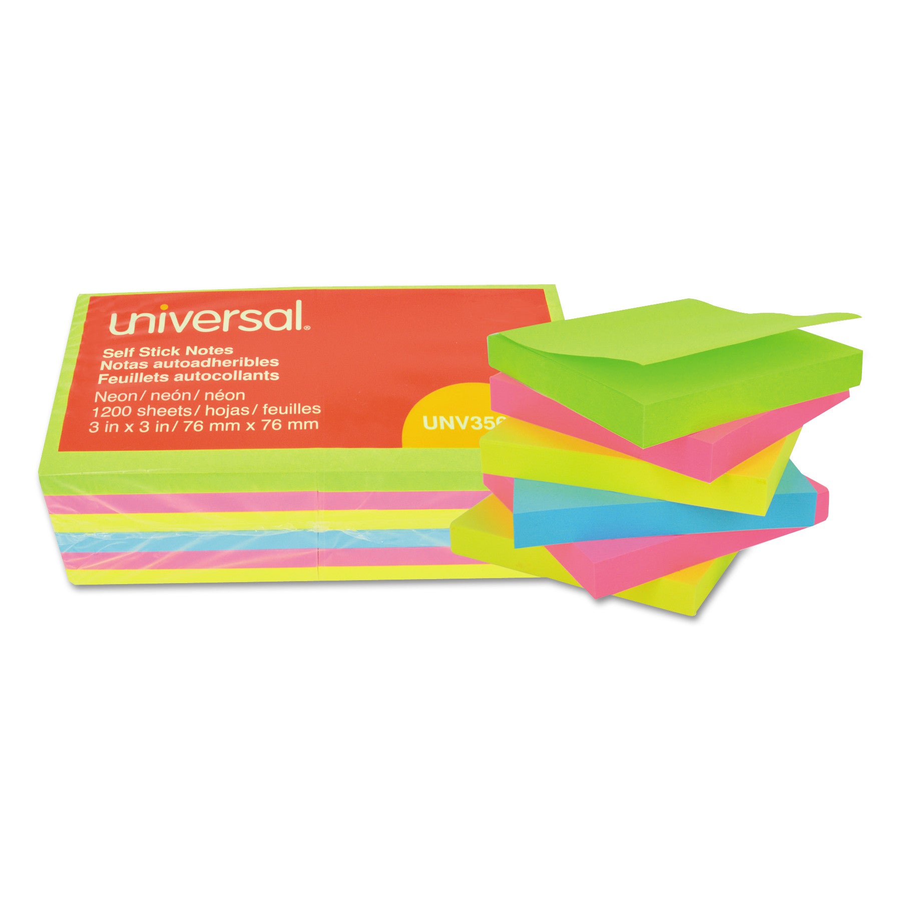 Self-Stick Note Pads, 3" x 3", Assorted Neon Colors, 100 Sheets/Pad, 12 Pads/Pack - 