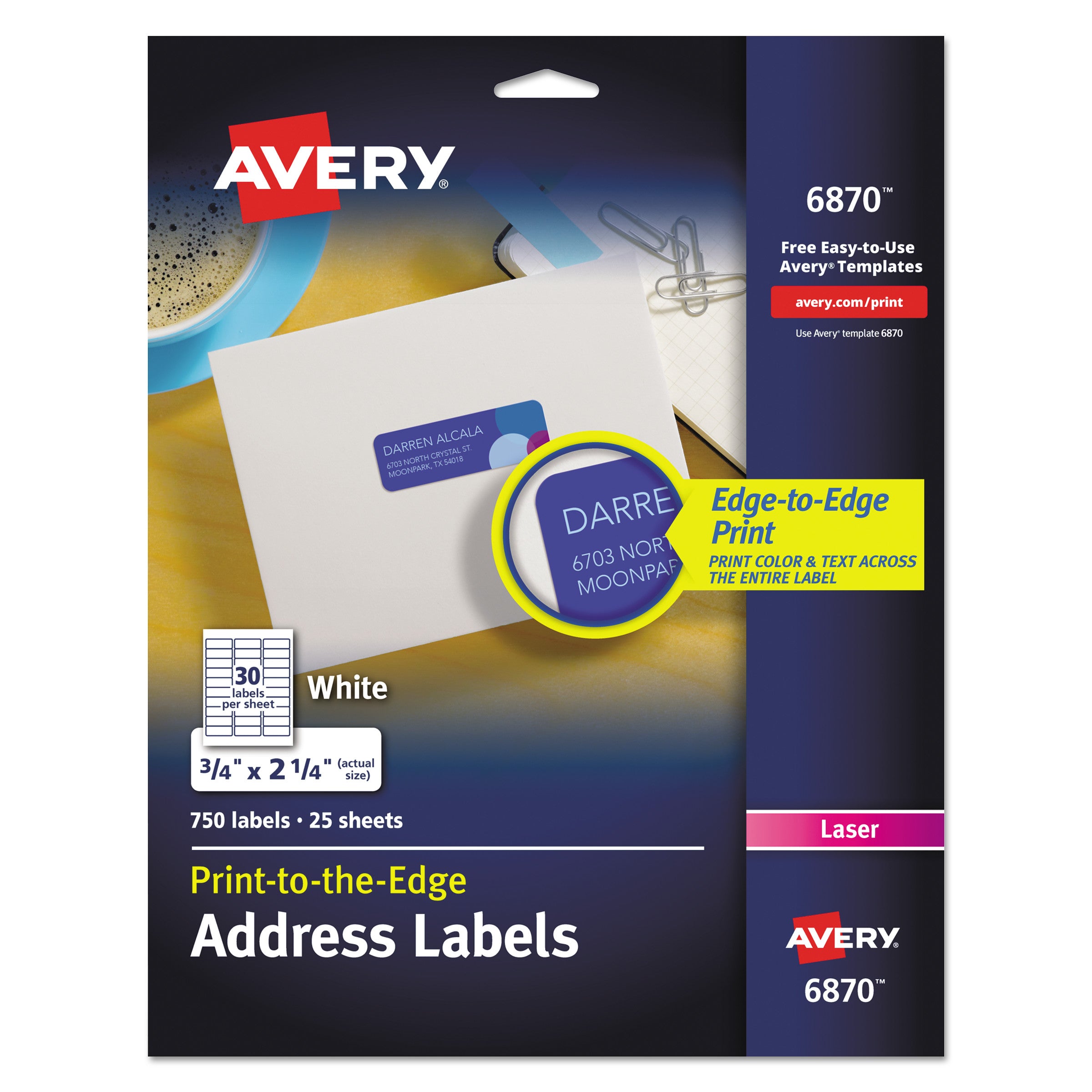 Vibrant Laser Color-Print Labels w/ Sure Feed, 0.75 x 2.25, White, 750/PK - 