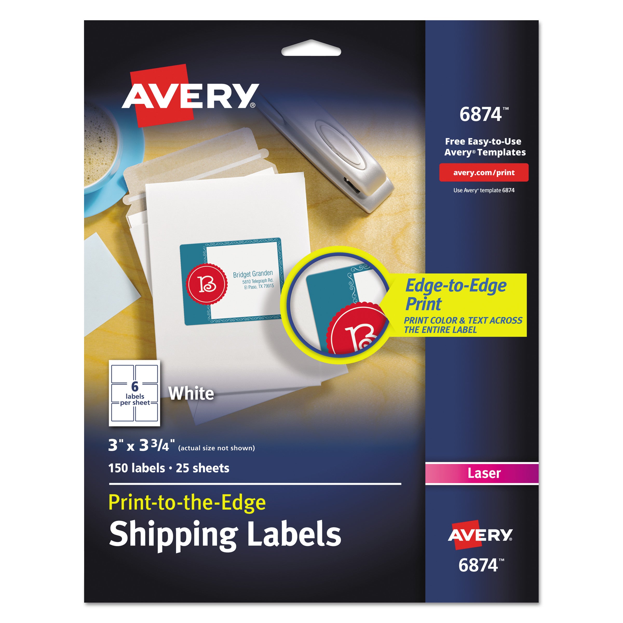 Vibrant Laser Color-Print Labels w/ Sure Feed, 3 x 3.75, White, 150/PK - 