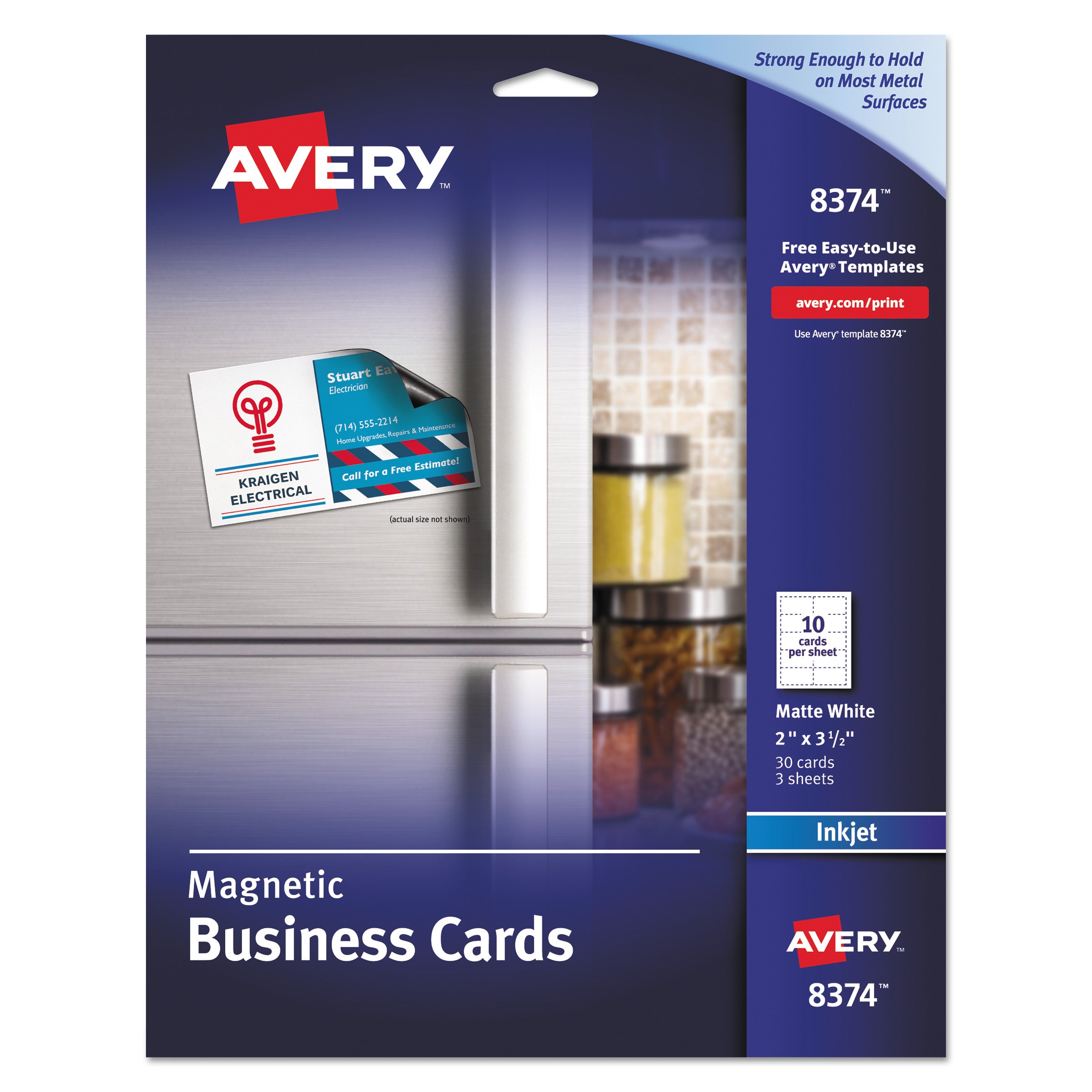 Magnetic Business Cards, Inkjet, 2 x 3.5, White, 30 Cards, 10 Cards/Sheet, 3 Sheets/Pack - 