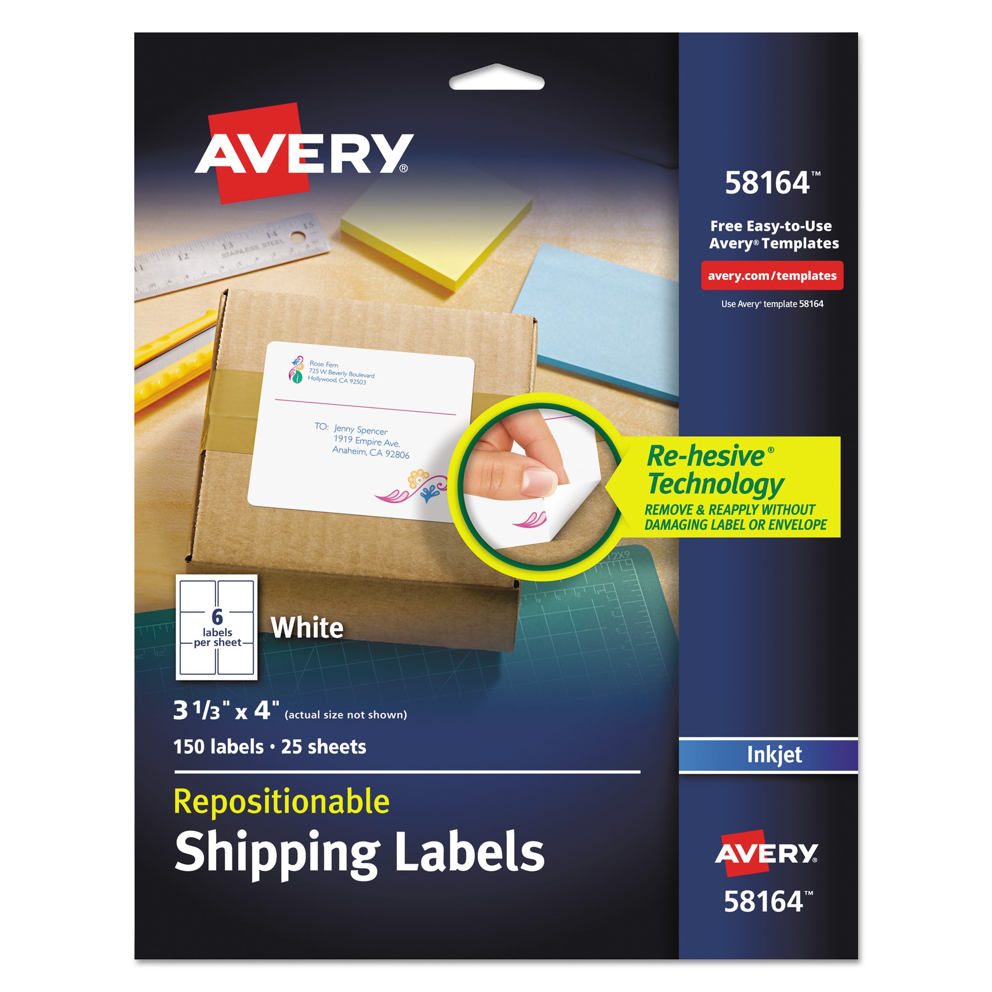 Repositionable Shipping Labels w/SureFeed, Inkjet, 3.33 x 4, White, 150/Box - 
