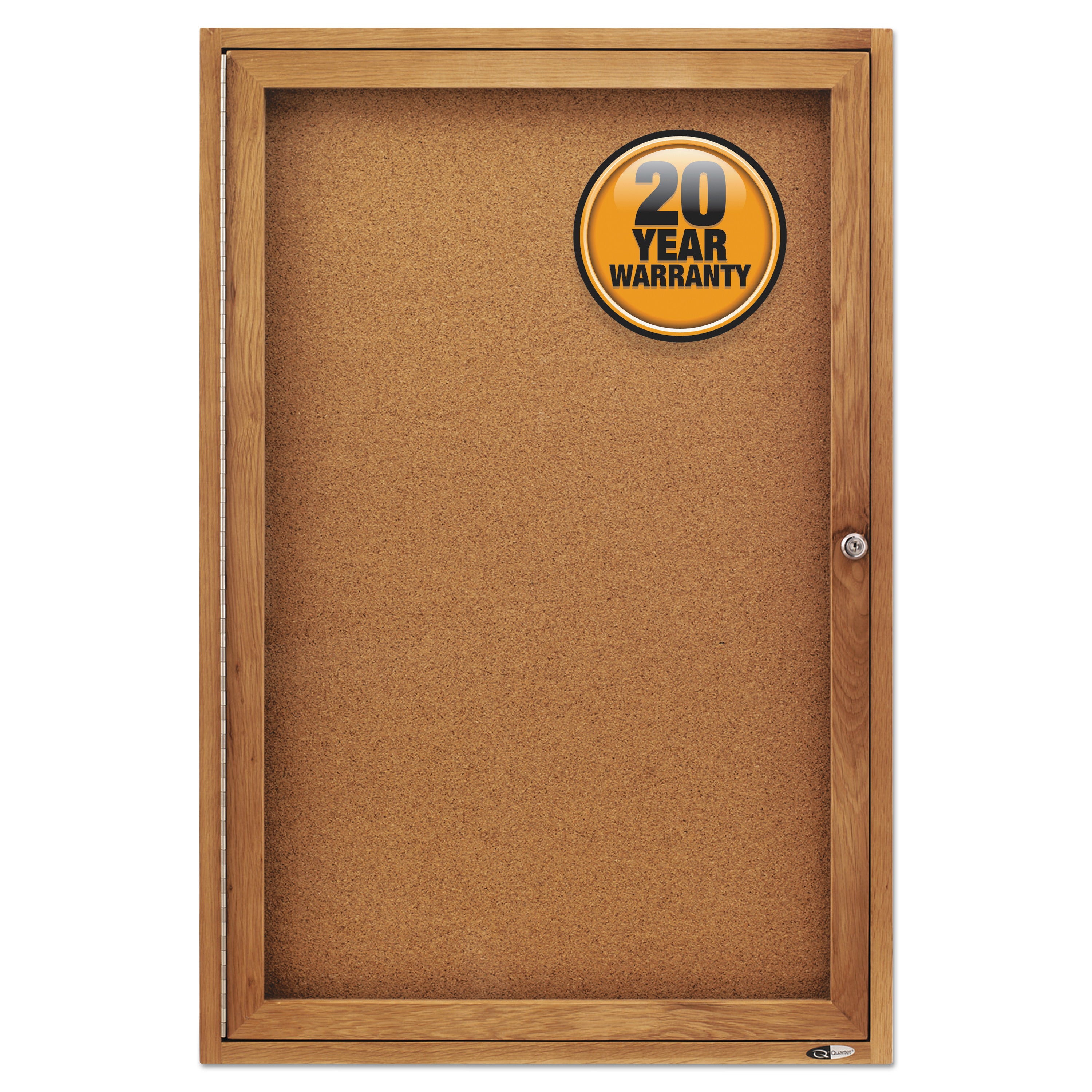 Enclosed Indoor Cork Bulletin Board with One Hinged Door, 24 x 36, Tan Surface, Oak Fiberboard Frame - 