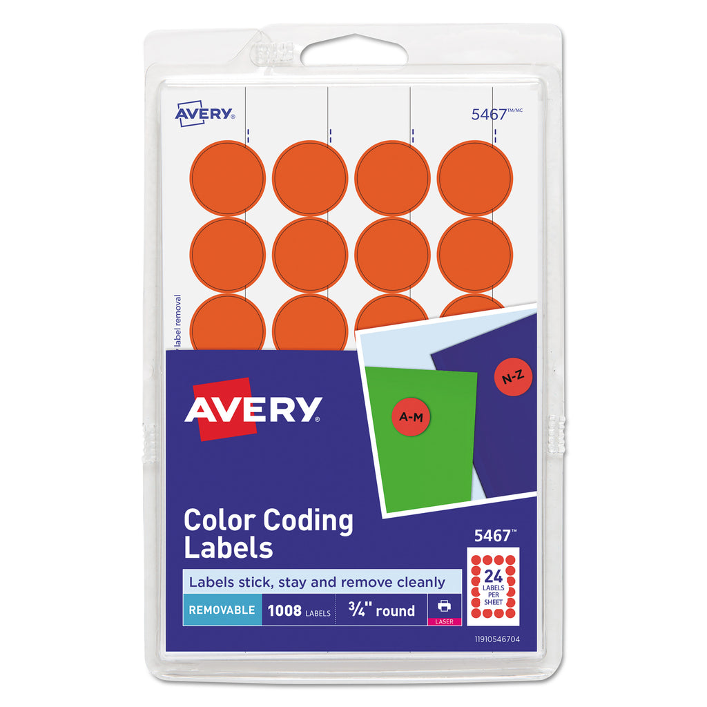 Printable Self-Adhesive Removable Color-Coding Labels, 0.75" dia, Neon Red, 24/Sheet, 42 Sheets/Pack, (5467)