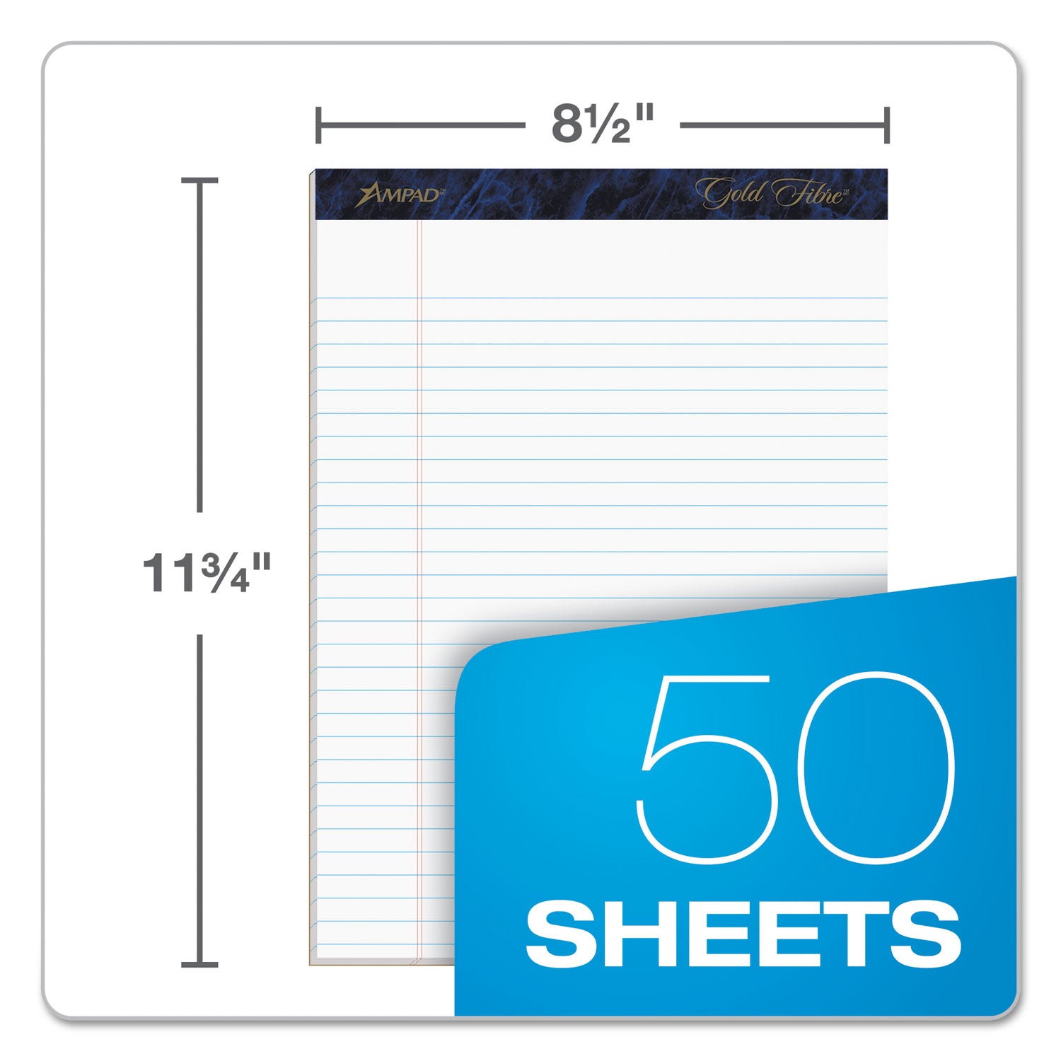 Gold Fibre Quality Writing Pads, Wide/Legal Rule, 50 White 8.5 x 11.75 Sheets, Dozen - 