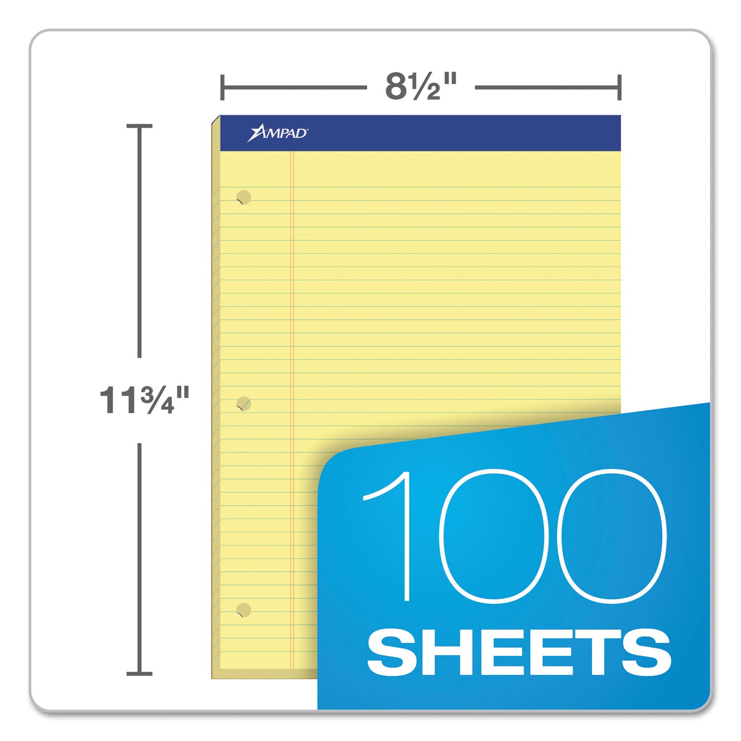 Double Sheet Pads, Medium/College Rule, 100 Canary-Yellow 8.5 x 11.75 Sheets - 