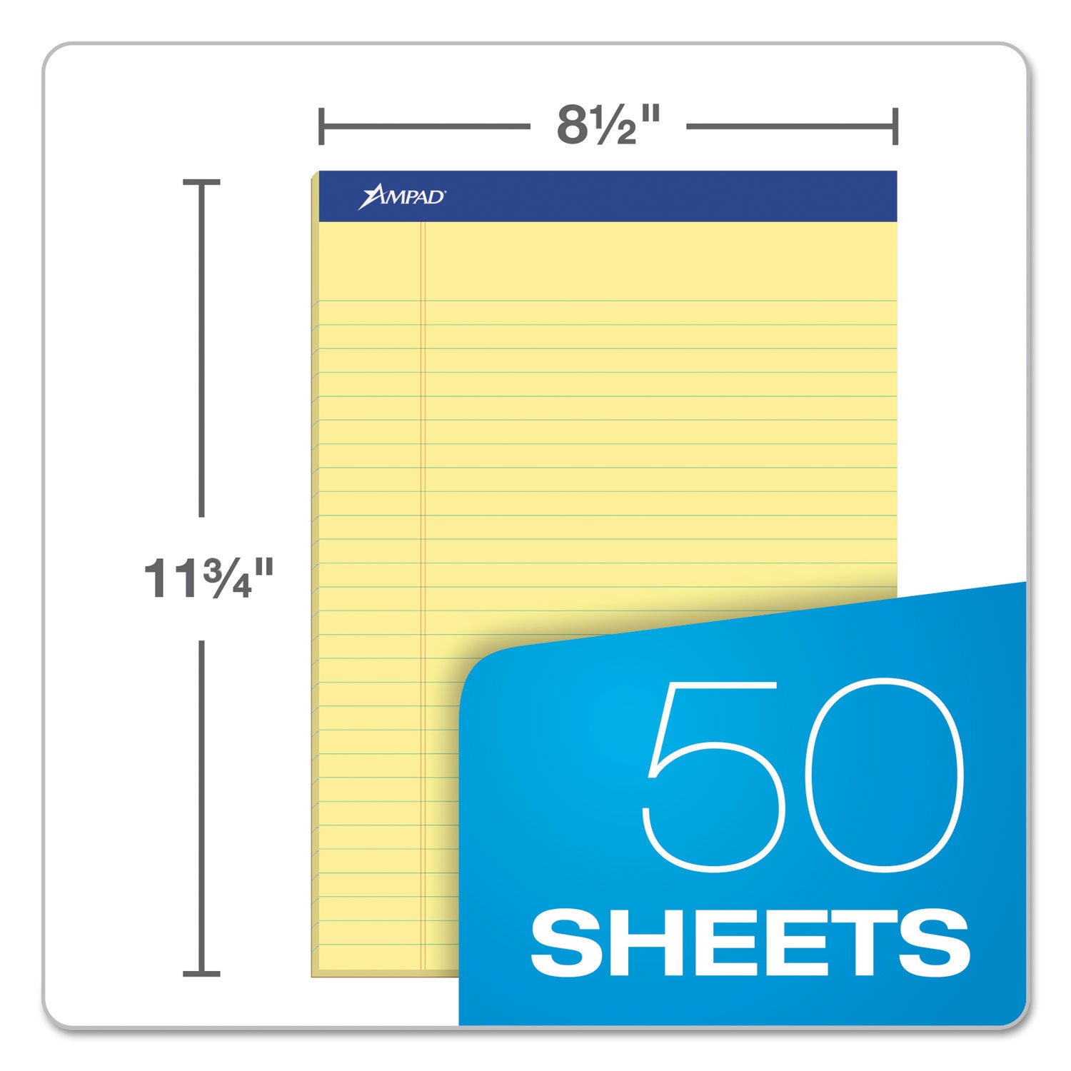 Perforated Writing Pads, Wide/Legal Rule, 50 Canary-Yellow 8.5 x 11.75 Sheets, Dozen - 