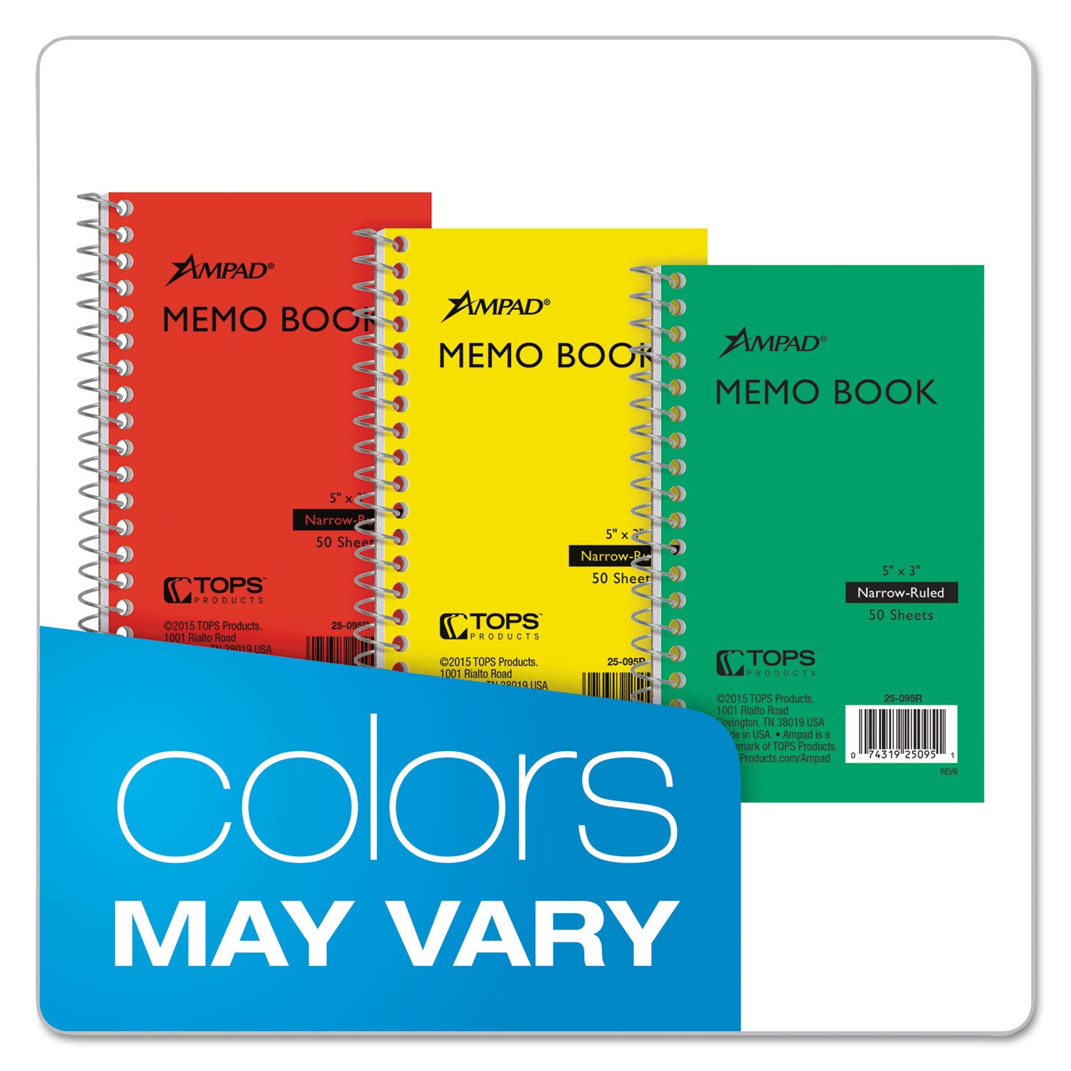 Memo Books, Narrow Rule, Randomly Assorted Cover Color, (50) 5 x 3 Sheets - 