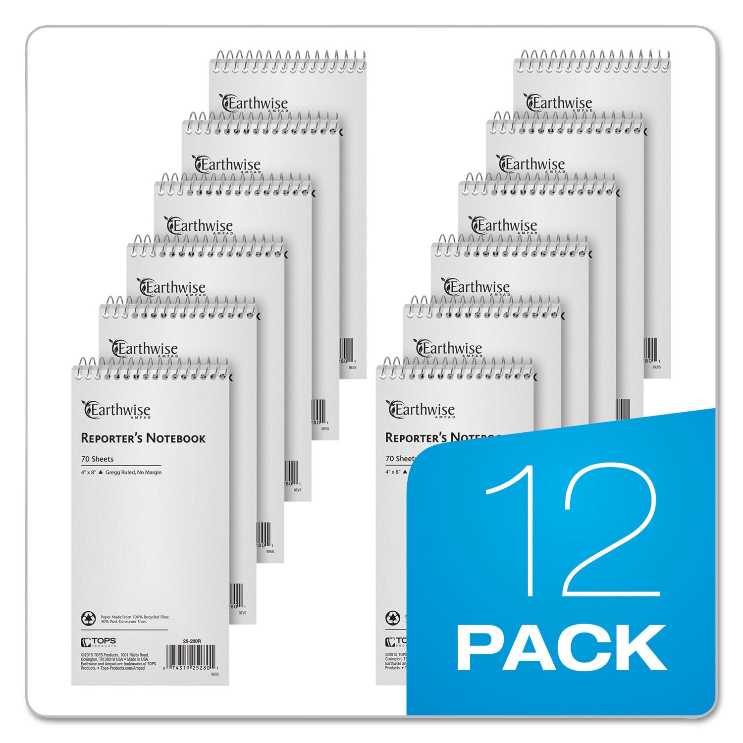 Earthwise by Ampad Recycled Reporter's Notepad, Gregg Rule, White Cover, 70 White 4 x 8 Sheets - 