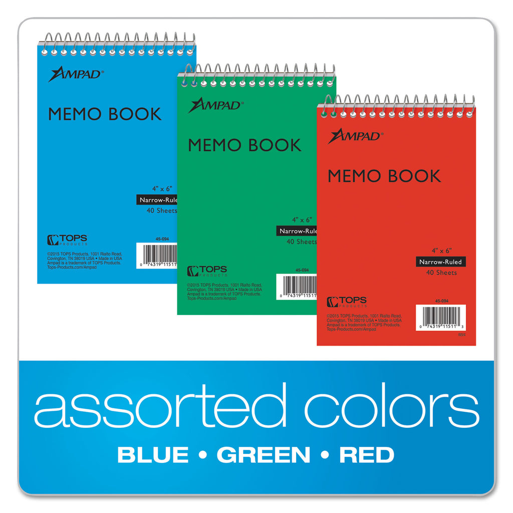 Memo Pads, Narrow Rule, Assorted Cover Colors, 40 White 4 x 6 Sheets, 3/Pack