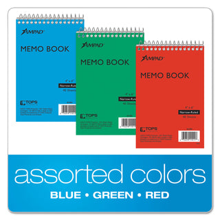 Memo Pads, Narrow Rule, Assorted Cover Colors, 40 White 4 x 6 Sheets, 3/Pack