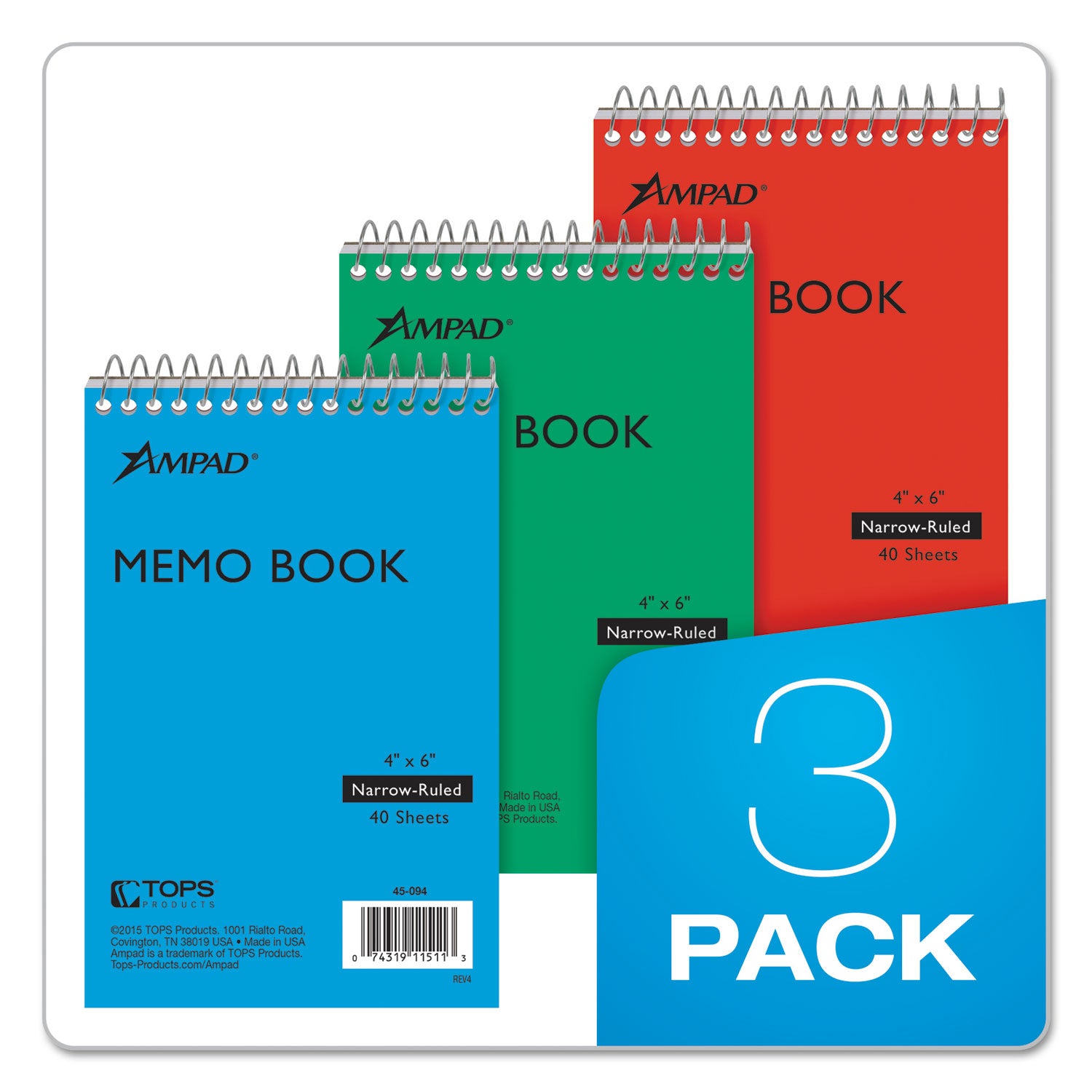 Memo Pads, Narrow Rule, Assorted Cover Colors, 40 White 4 x 6 Sheets, 3/Pack - 