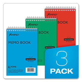 Memo Pads, Narrow Rule, Assorted Cover Colors, 40 White 4 x 6 Sheets, 3/Pack