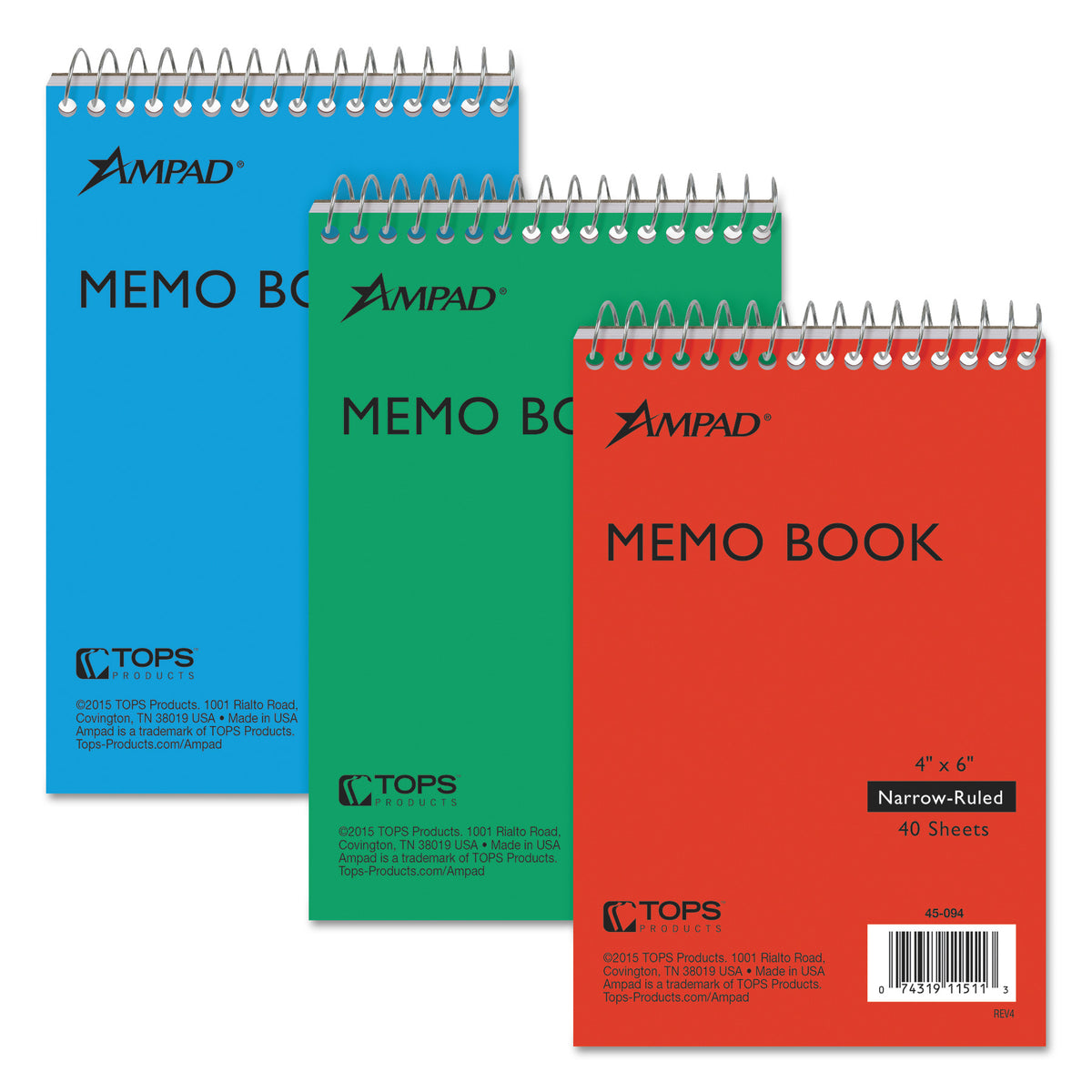 Memo Pads, Narrow Rule, Assorted Cover Colors, 40 White 4 x 6 Sheets, 3/Pack