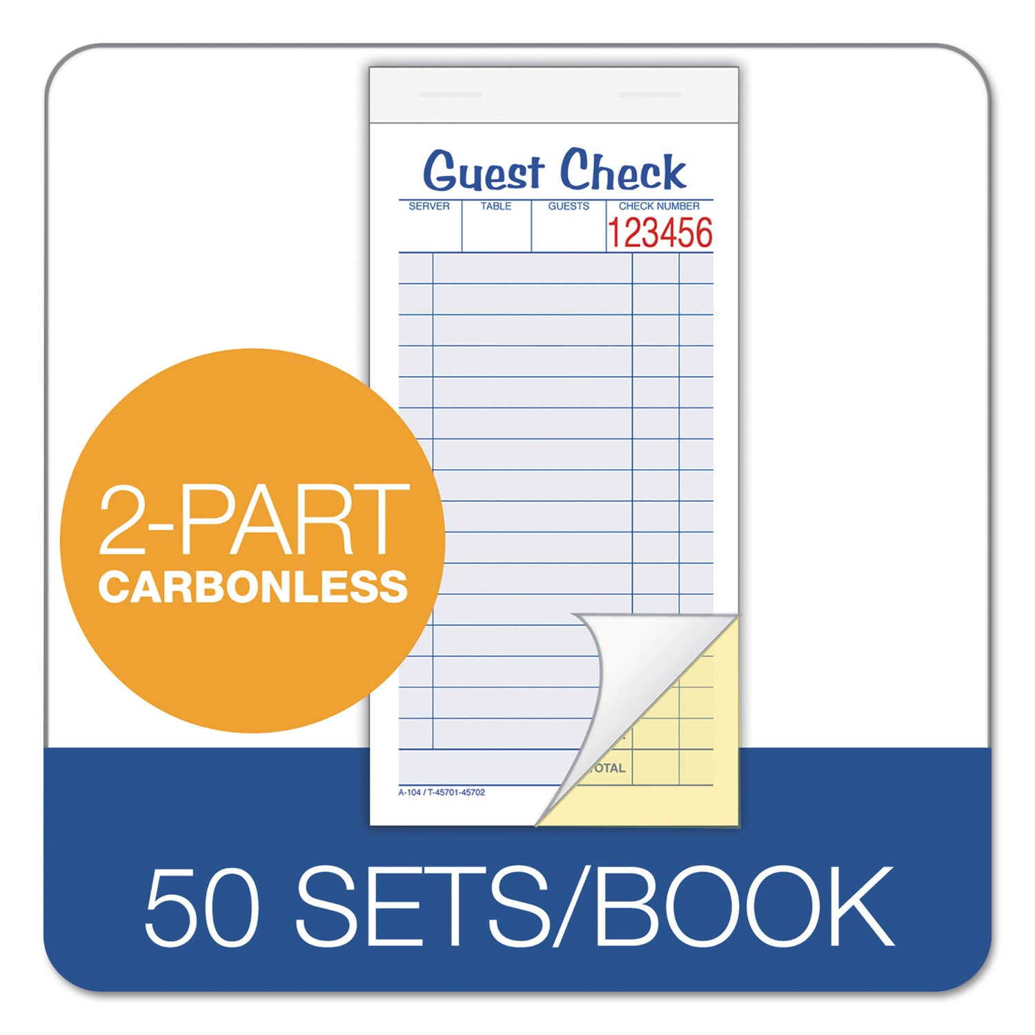 Guest Check Pad, Two-Part Carbonless, 6.38 x 3.38, 50 Forms Total - 