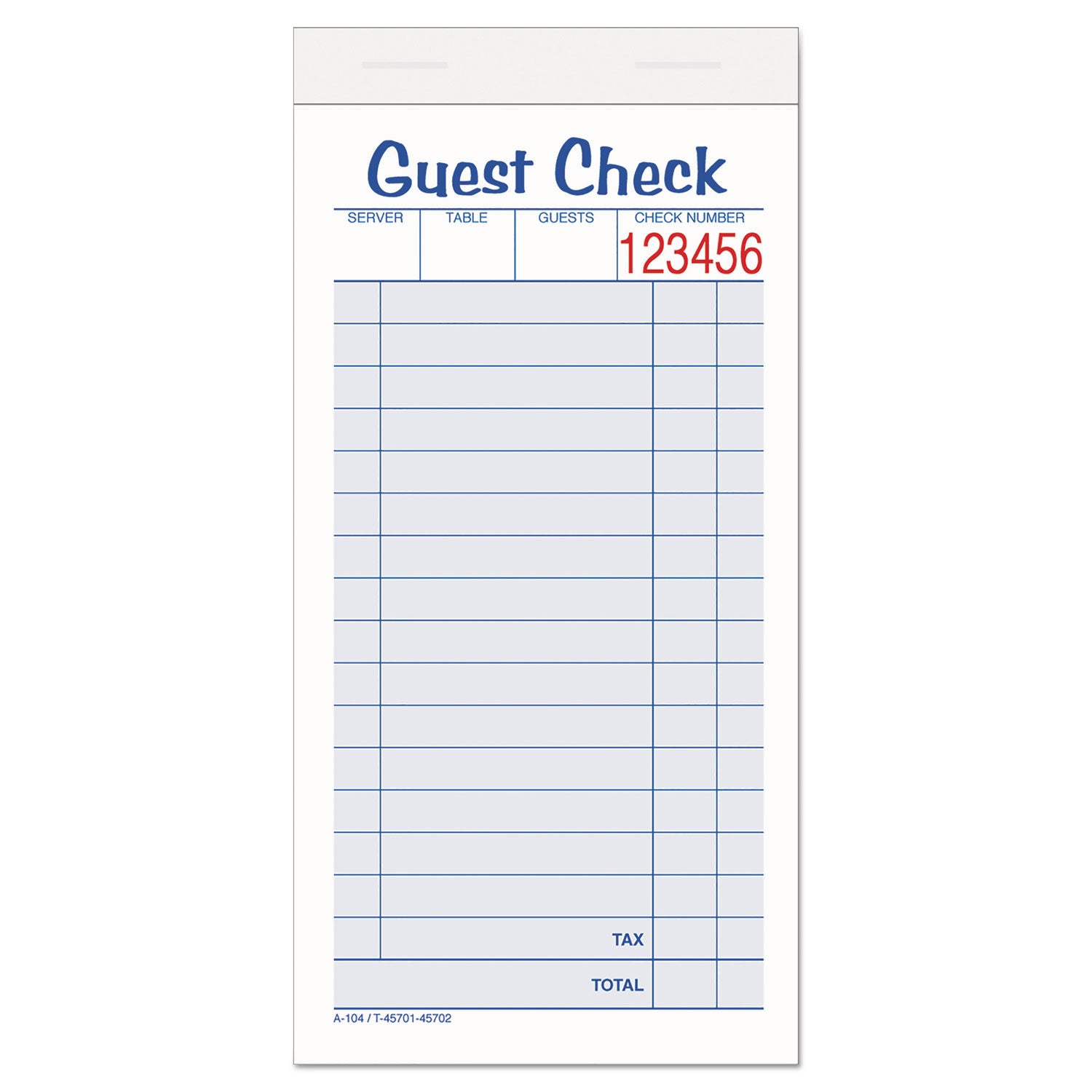 Guest Check Pad, Two-Part Carbonless, 6.38 x 3.38, 50 Forms Total - 