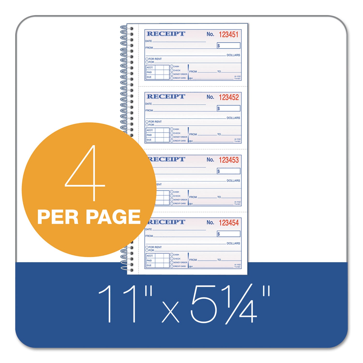 2-Part Receipt Book, Two-Part Carbonless, 4.75 x 2.75, 4 Forms/Sheet, 200 Forms Total - 