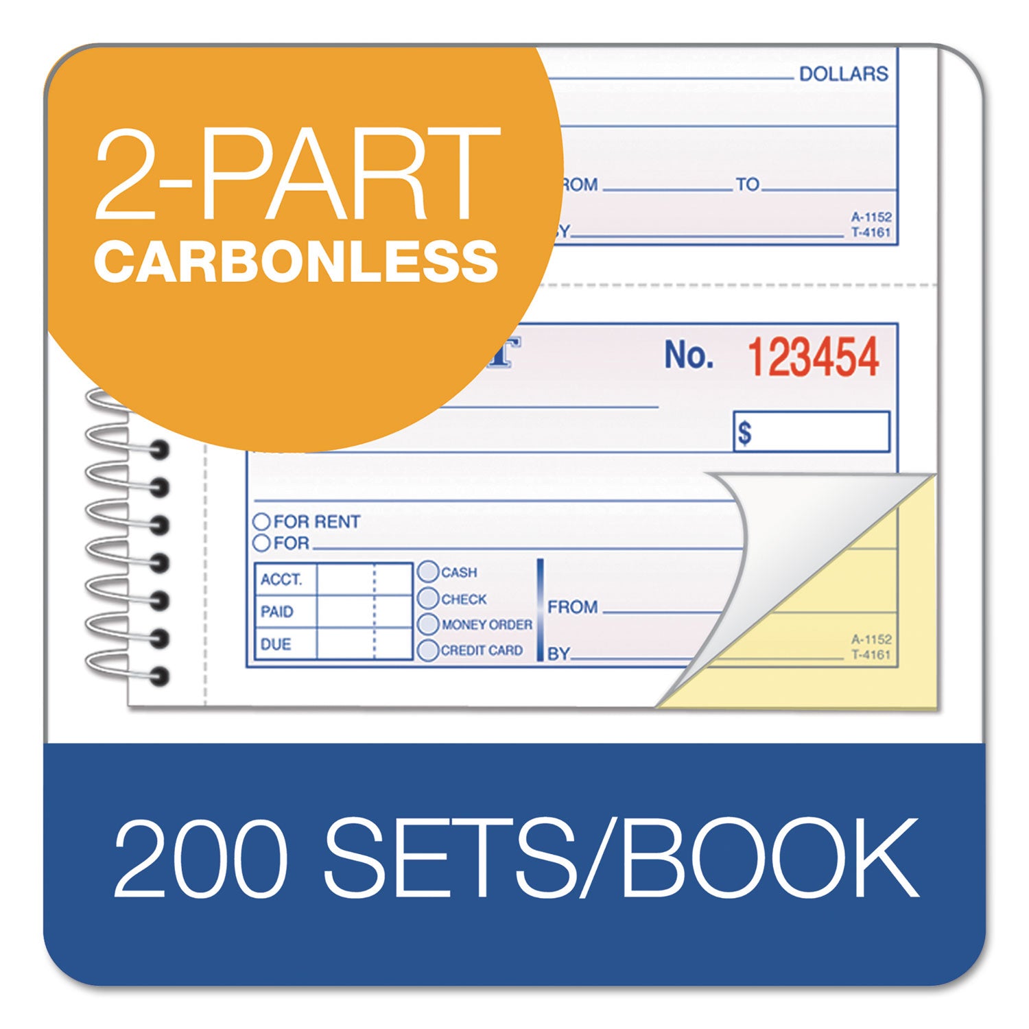 2-Part Receipt Book, Two-Part Carbonless, 4.75 x 2.75, 4 Forms/Sheet, 200 Forms Total - 