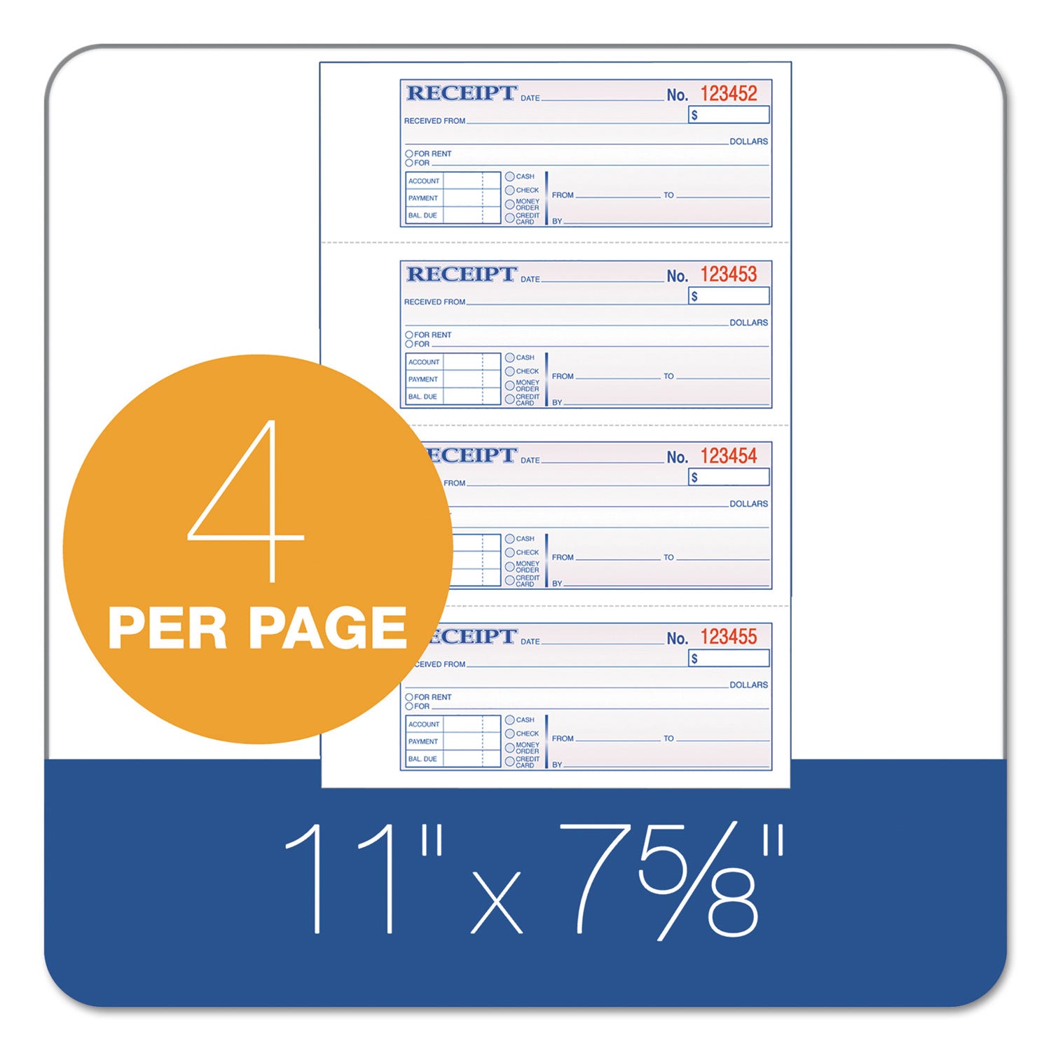 Receipt Book, Three-Part Carbonless, 7.19 x 2.75, 4 Forms/Sheet, 100 Forms Total - 