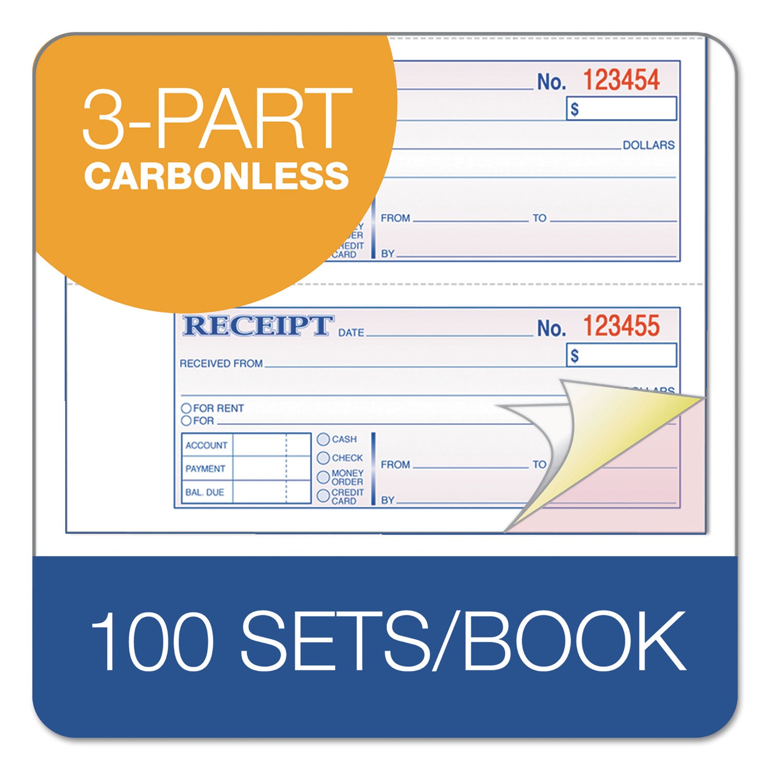 Receipt Book, Three-Part Carbonless, 7.19 x 2.75, 4 Forms/Sheet, 100 Forms Total - 