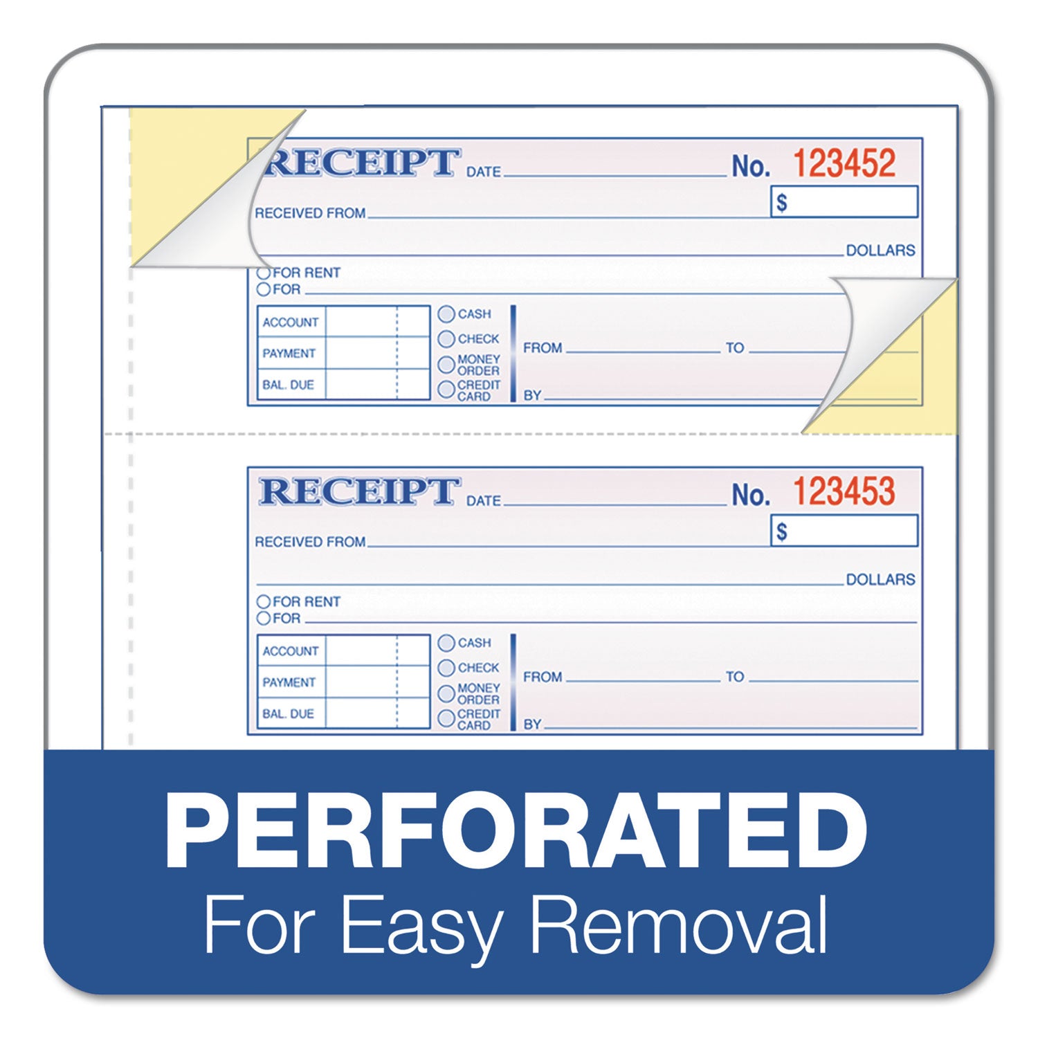 Receipt Book, Three-Part Carbonless, 7.19 x 2.75, 4 Forms/Sheet, 100 Forms Total - 