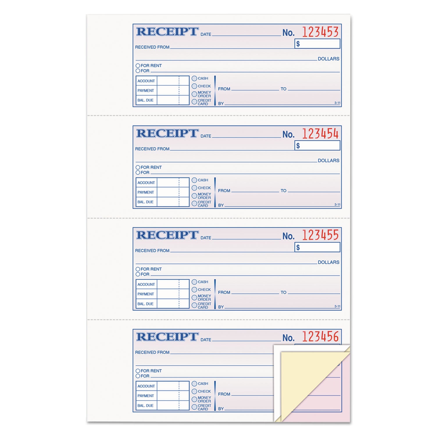 Receipt Book, Three-Part Carbonless, 7.19 x 2.75, 4 Forms/Sheet, 100 Forms Total - 