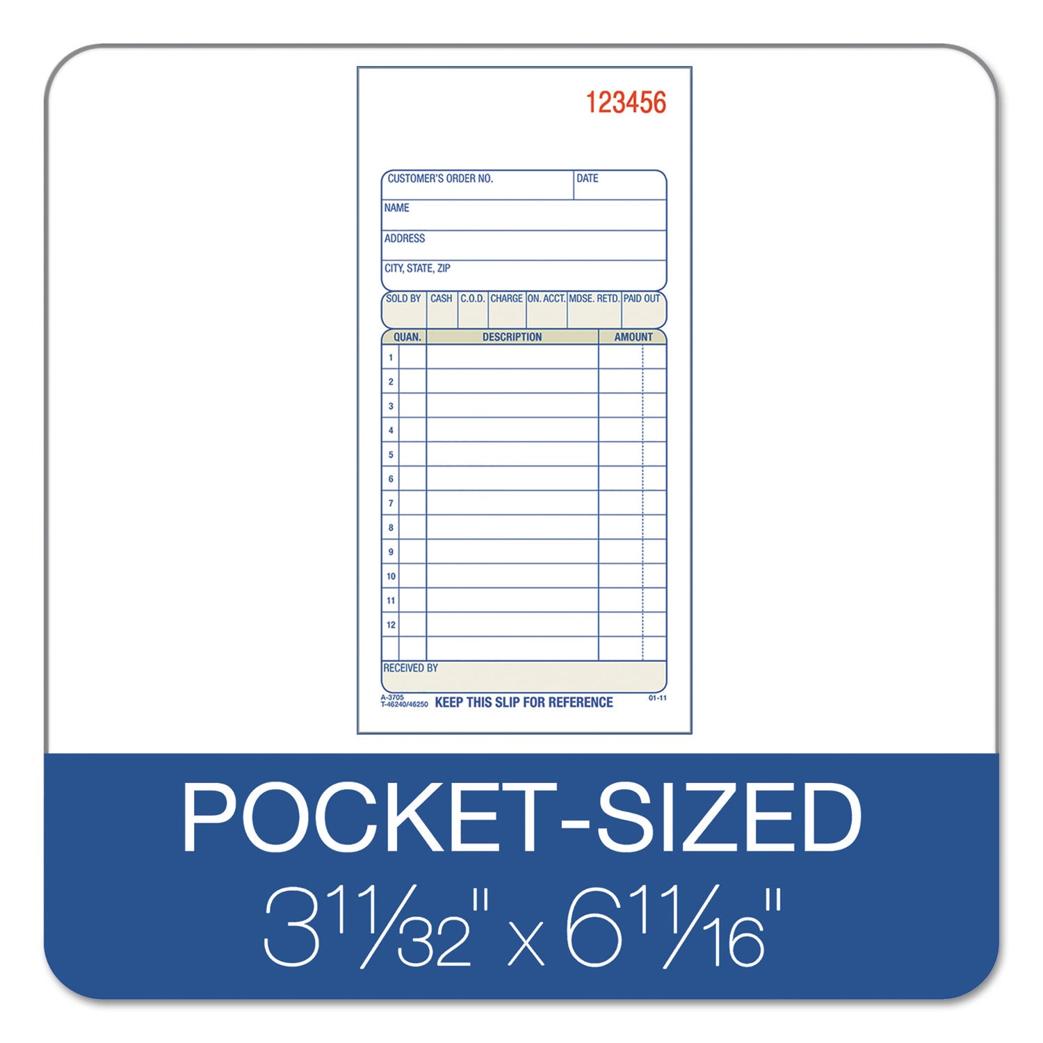 3-Part Sales Book, Three-Part Carbonless, 3.25 x 7.13, 50 Forms Total - 