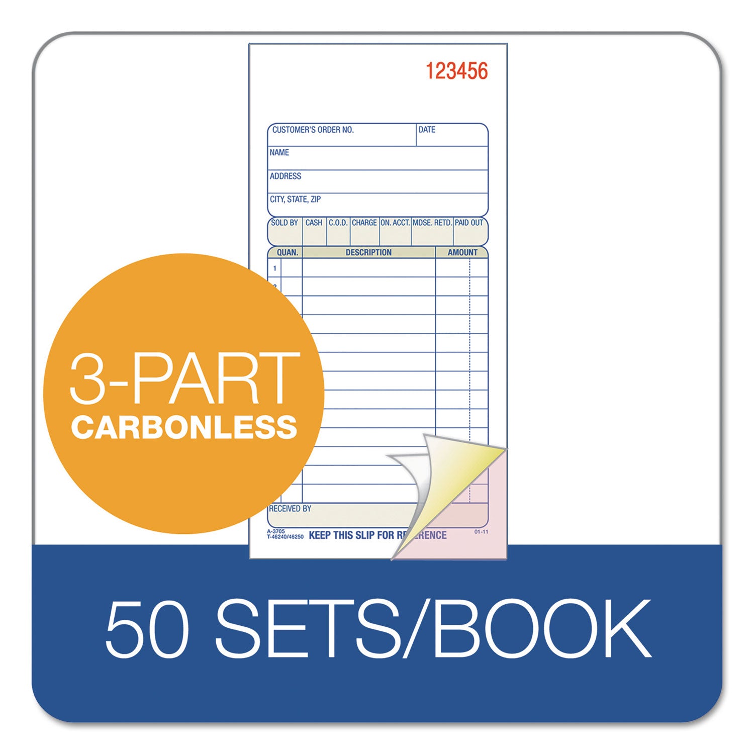 3-Part Sales Book, Three-Part Carbonless, 3.25 x 7.13, 50 Forms Total - 