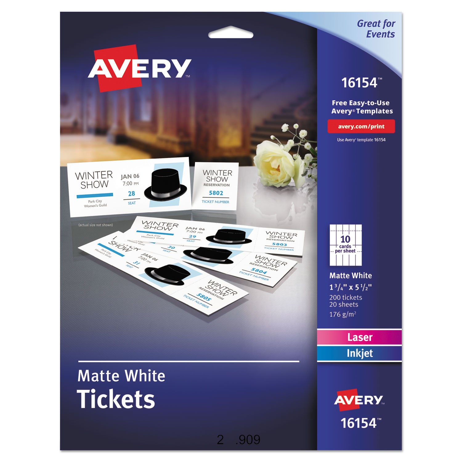 Printable Tickets w/Tear-Away Stubs, 97 Bright, 65 lb Cover Weight, 8.5 x 11, White, 10 Tickets/Sheet, 20 Sheets/Pack - 