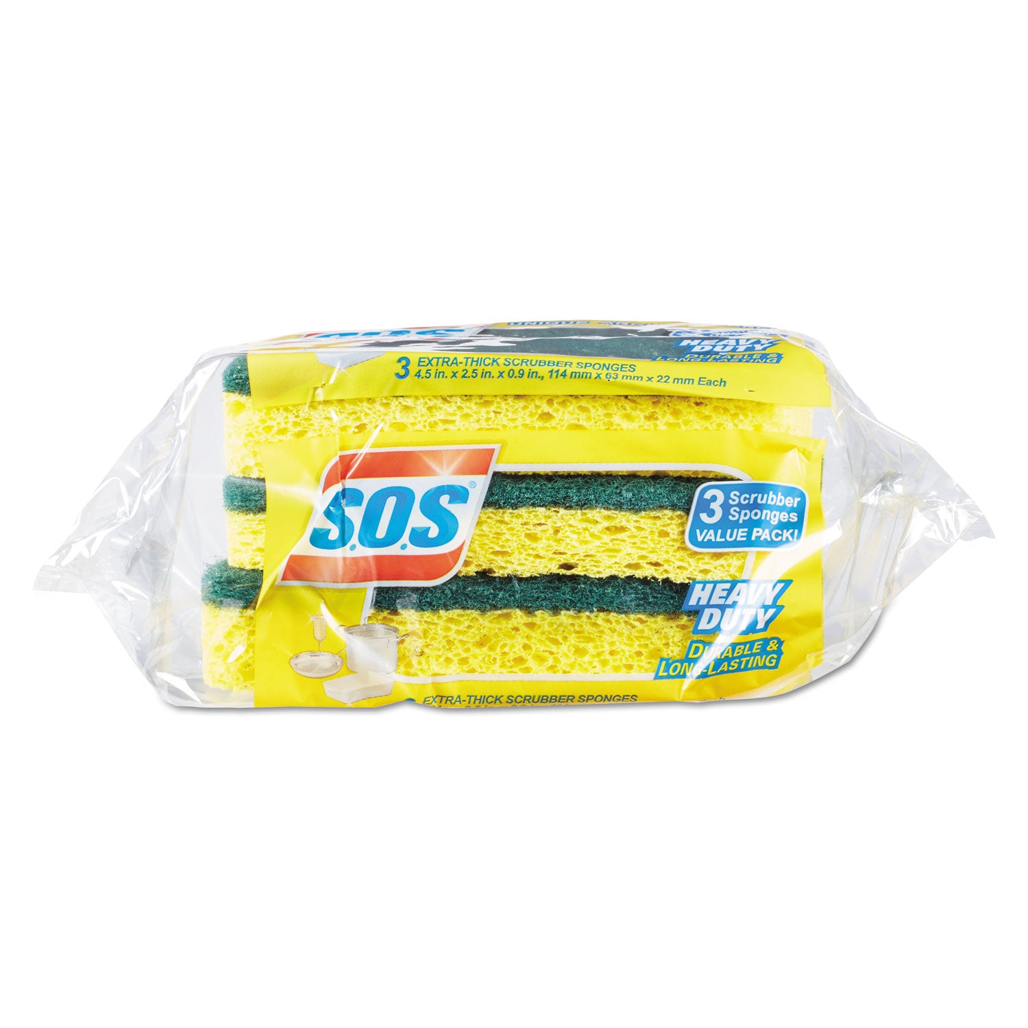 Heavy Duty Scrubber Sponge, 2.5 x 4.5, 0.9" Thick, Yellow/Green, 3/Pack, 8 Packs/Carton - 