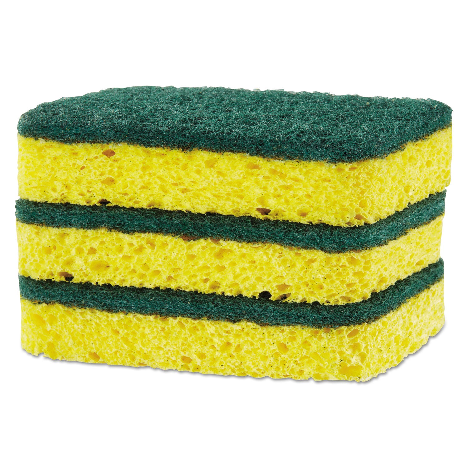 Heavy Duty Scrubber Sponge, 2.5 x 4.5, 0.9" Thick, Yellow/Green, 3/Pack, 8 Packs/Carton - 