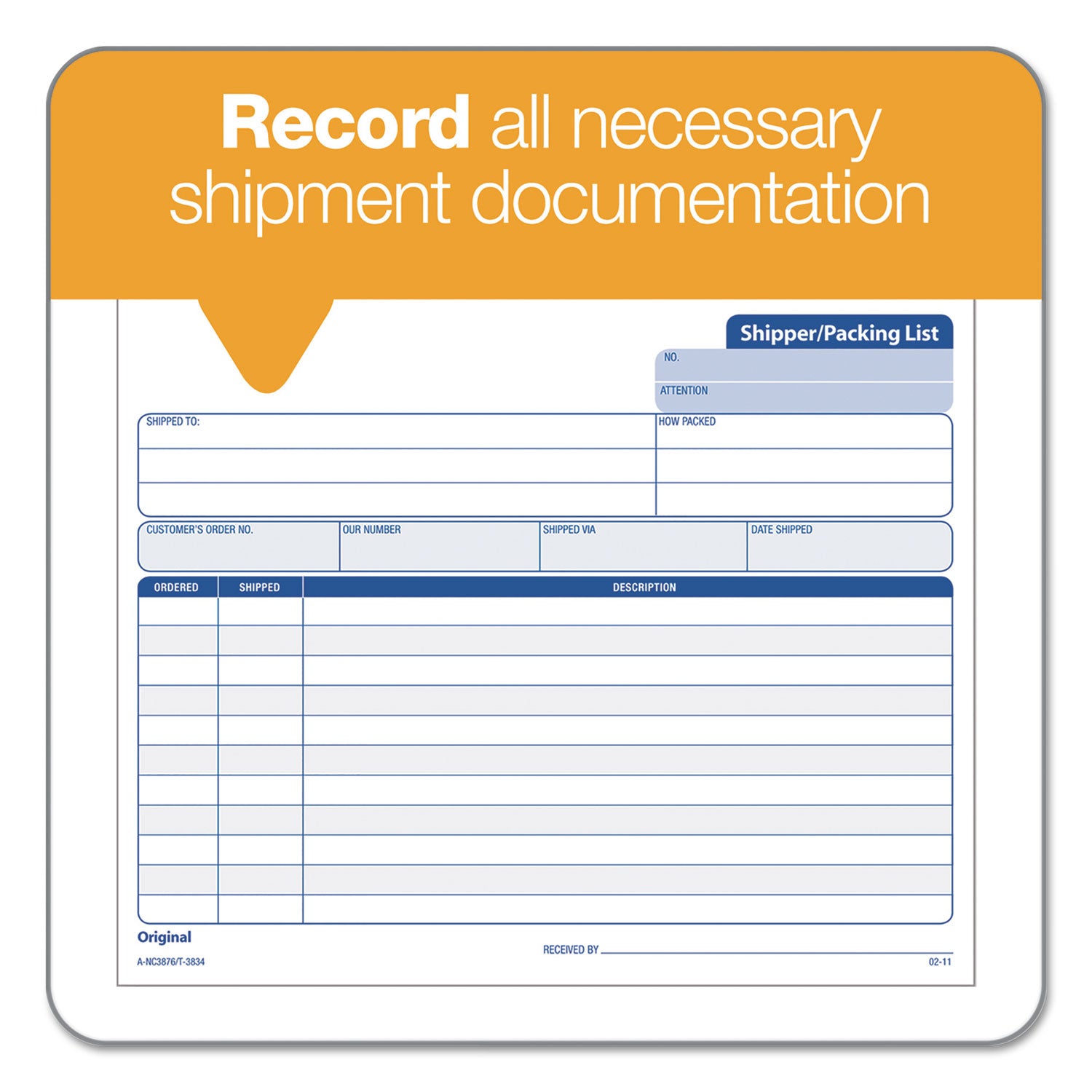 Triplicate Snap-Off Shipper/Packing List, Three-Part Carbonless, 8.5 x 7, 50 Forms Total