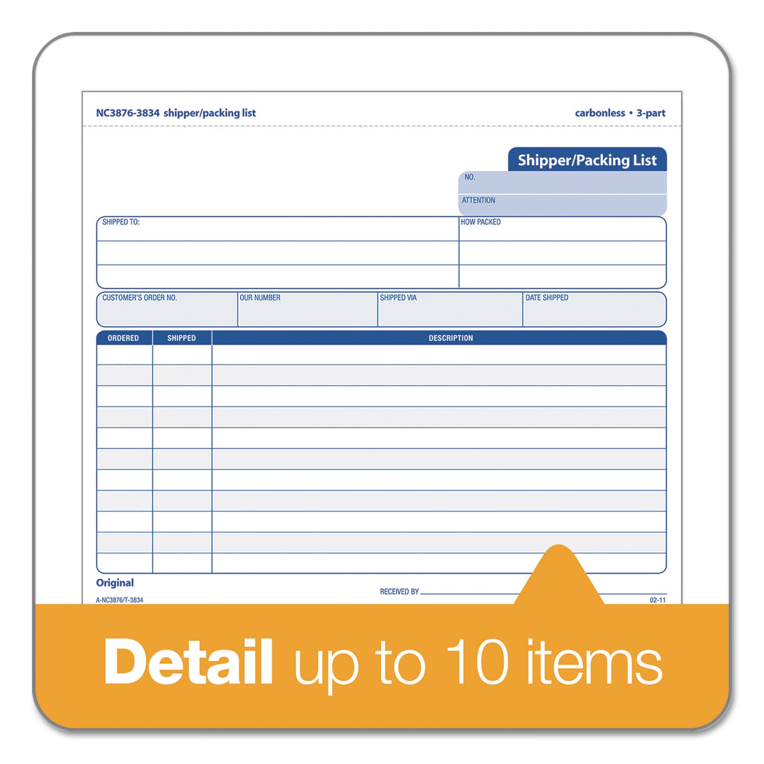 Triplicate Snap-Off Shipper/Packing List, Three-Part Carbonless, 8.5 x 7, 50 Forms Total - 