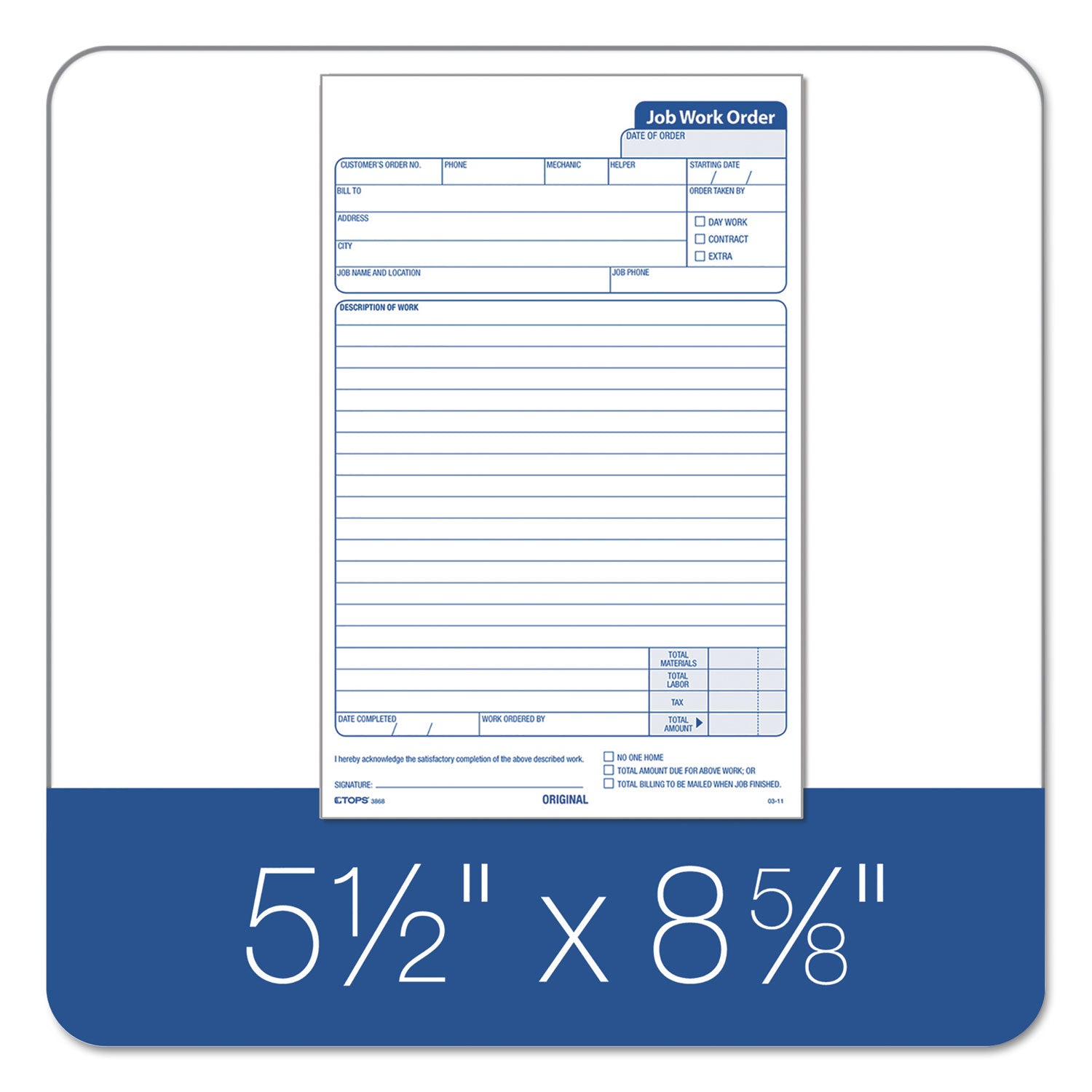 Job Work Order, Three-Part Carbonless, 5.66 x 8.63, 50 Forms Total - 