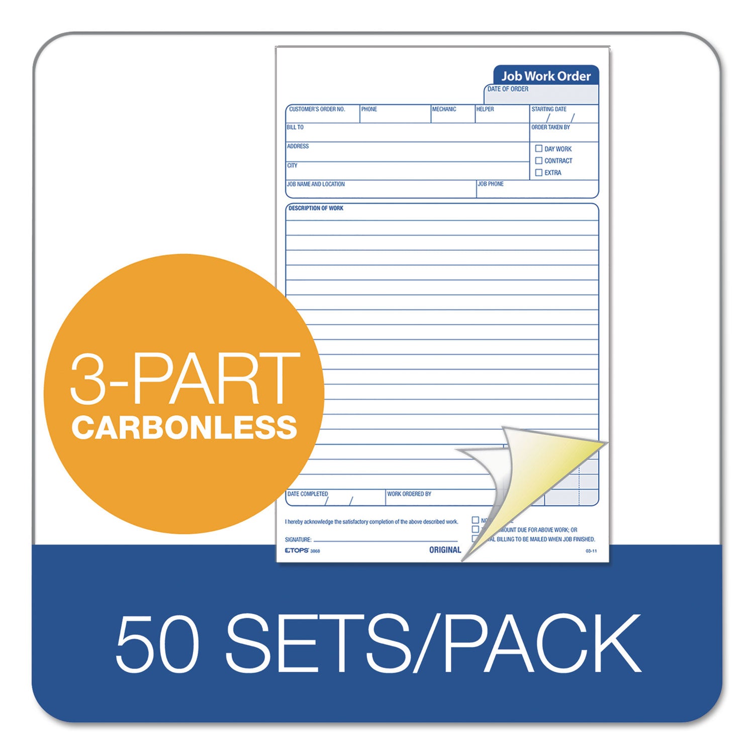 Job Work Order, Three-Part Carbonless, 5.66 x 8.63, 50 Forms Total - 