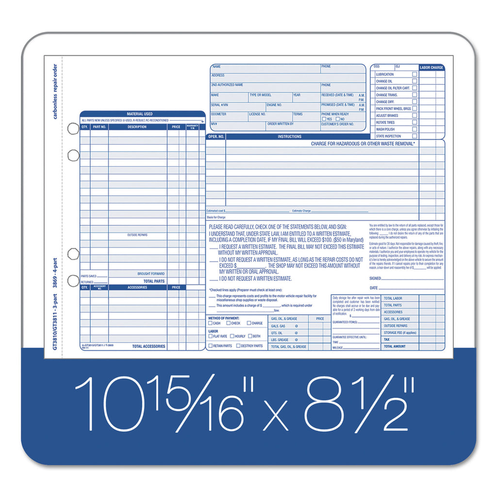 Auto Repair Four-Part Order Form, Four-Part Carbonless, 11 x 8.5, 50 Forms Total - 