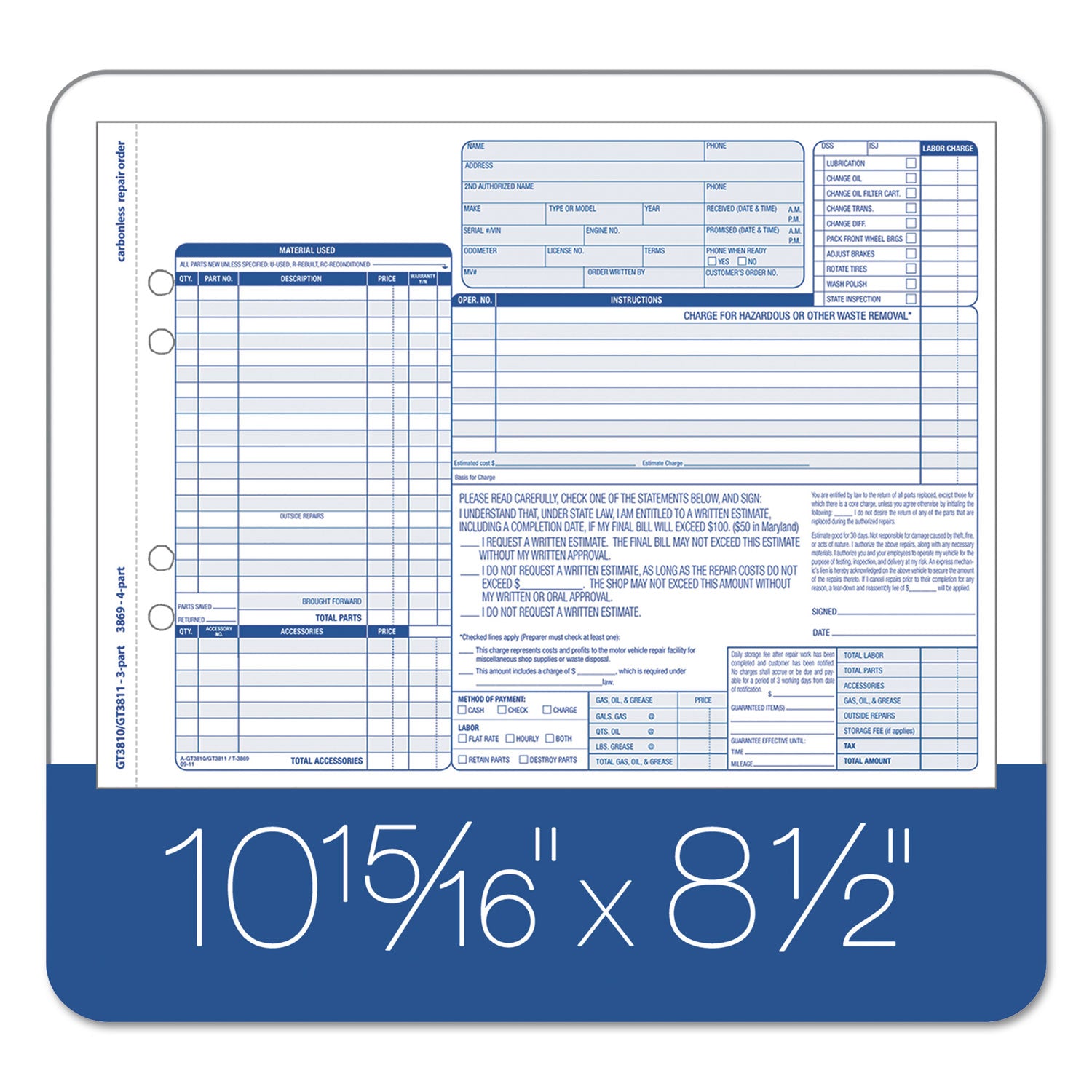 Auto Repair Four-Part Order Form, Four-Part Carbonless, 11 x 8.5, 50 Forms Total - 