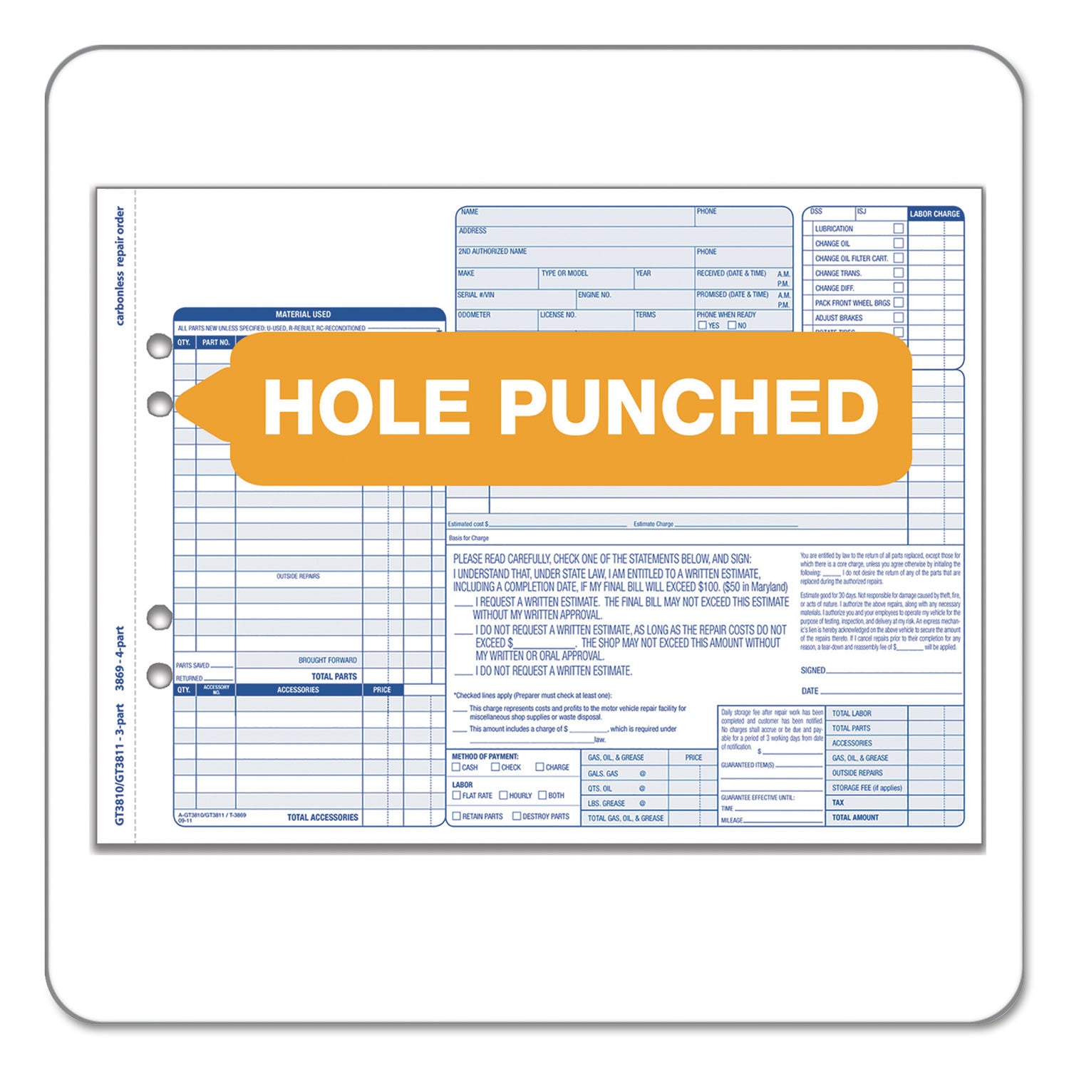 Auto Repair Four-Part Order Form, Four-Part Carbonless, 11 x 8.5, 50 Forms Total - 