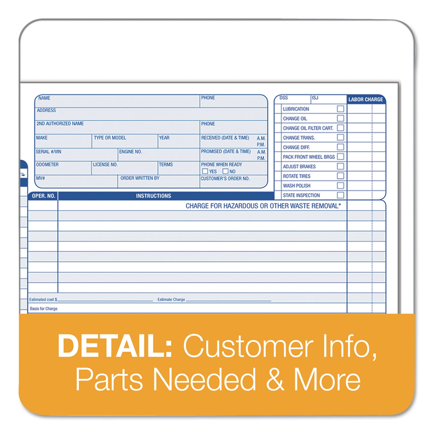 Auto Repair Four-Part Order Form, Four-Part Carbonless, 11 x 8.5, 50 Forms Total - 