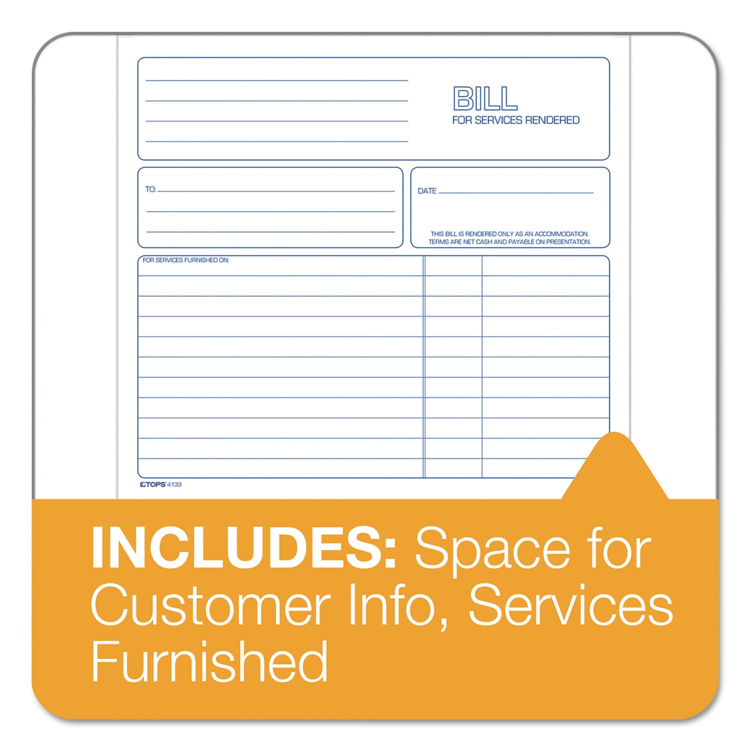 Bill for Services Rendered Book, Two-Part Carbonless, 8.5 x 7.75, 50 Forms Total - 