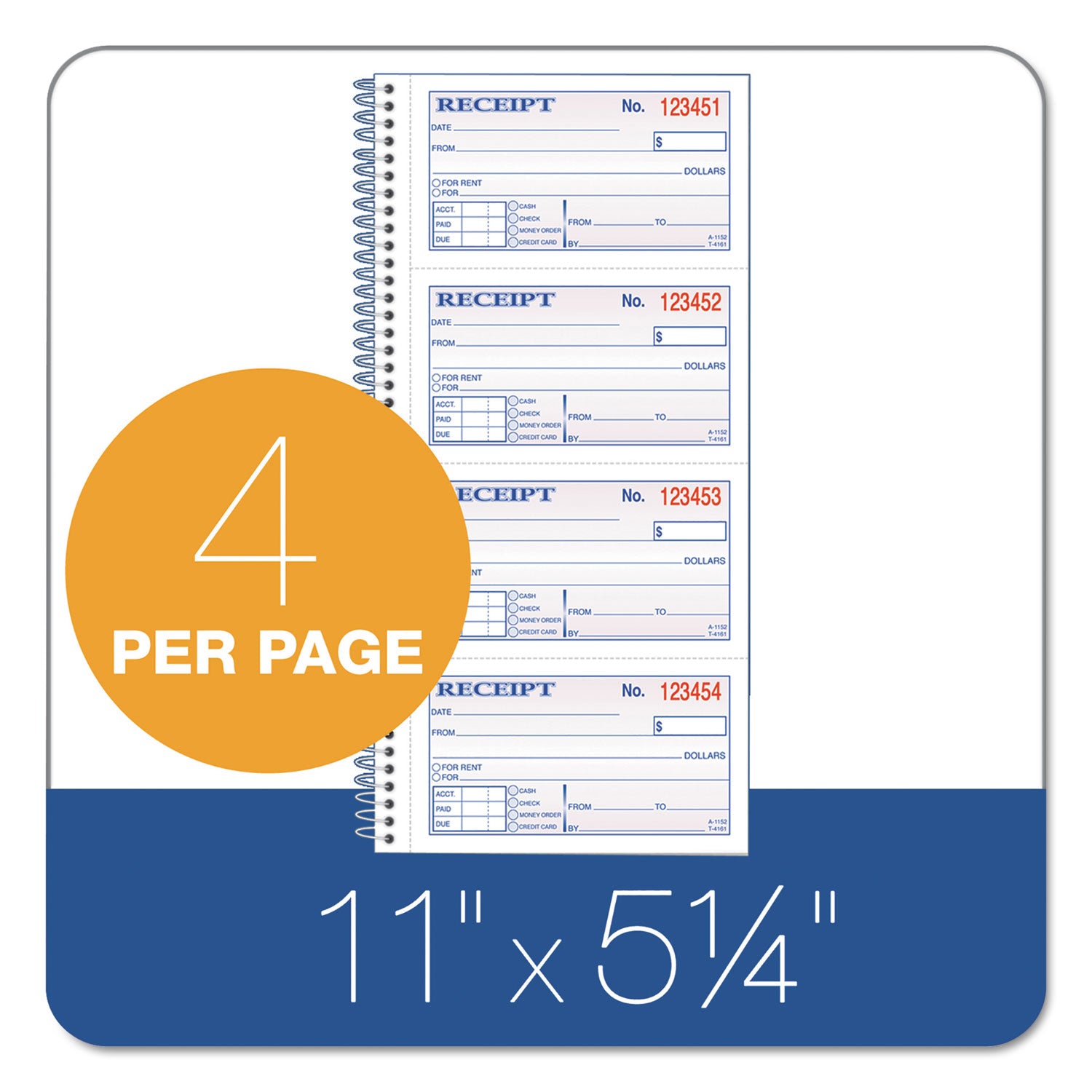 Spiralbound Money and Rent Receipt Book, Two-Part Carbonless, 4.75 x 2.75, 4 Forms/Sheet, 200 Forms Total - 2