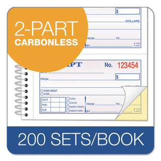 Spiralbound Money and Rent Receipt Book, Two-Part Carbonless, 4.75 x 2.75, 4 Forms/Sheet, 200 Forms Total