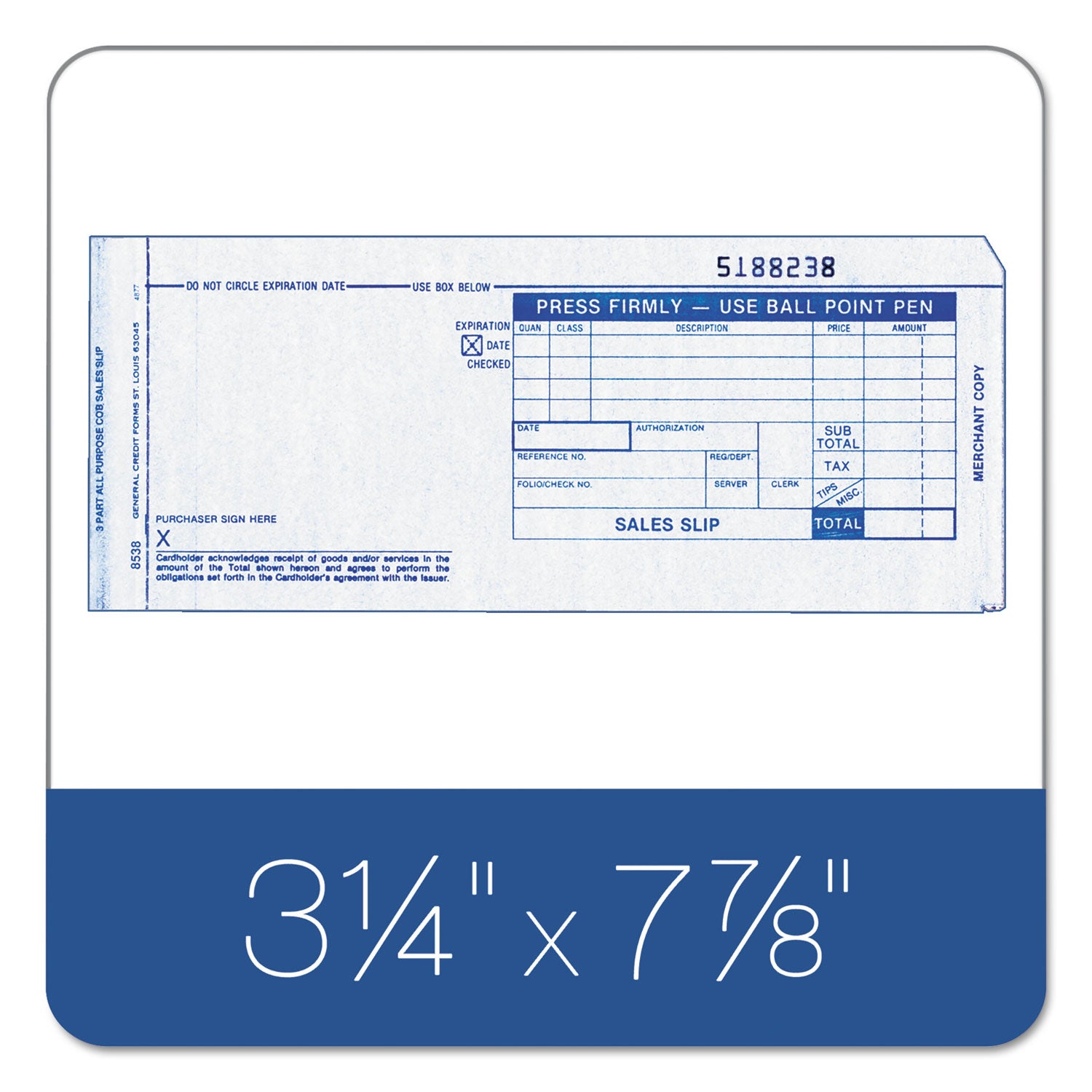 Credit Card Sales Slip, Three-Part Carbonless, 7.78 x 3.25, 100 Forms Total - 