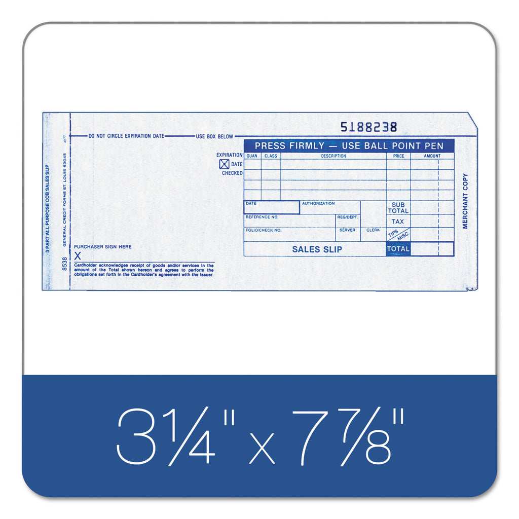Credit Card Sales Slip, Three-Part Carbonless, 7.78 x 3.25, 100 Forms Total